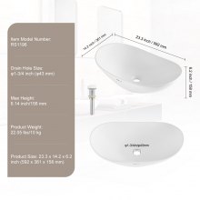 VEVOR Lavabo de Cerámica Moderno de 592 x 361 x 158 mm para Baño Encimera Blanco