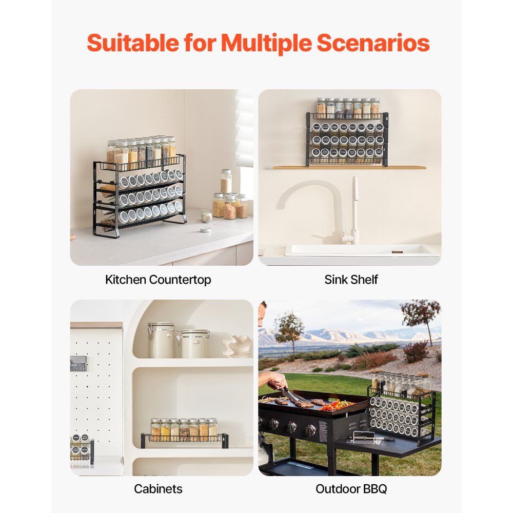 VEVOR Removable Spice Rack, 4-Tier Spice Holder Organizer, Stackable Spice Stand (401 x 116 x 271 mm), Kitchen Storage for Countertop, Kitchen Pantry, Pantry, Black