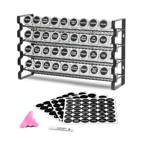 VEVOR Organizador de Condimentos para Gabinete, con 36 Tarros Vacíos, Tapas, Etiquetas y Embudo, Juego Completo, para Encimera, Cocina, Despensa y Armario, 463 x 118 x 282 mm, 4 Niveles, Negro