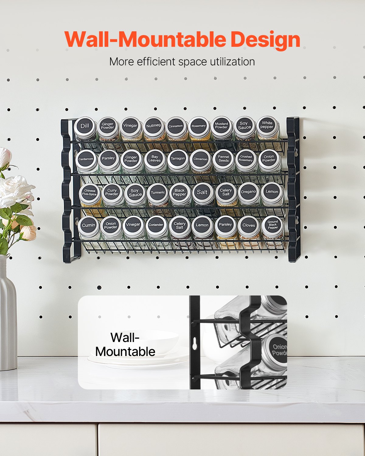 VEVOR 4-Tier Spice Rack, Spice Holder with 36 Empty Spice Jars, Rack, Spice Labels & Funnel Complete Set, Spice Organizer for Kitchen, Cabinet, Pantry (463 x 118 x 282 mm)