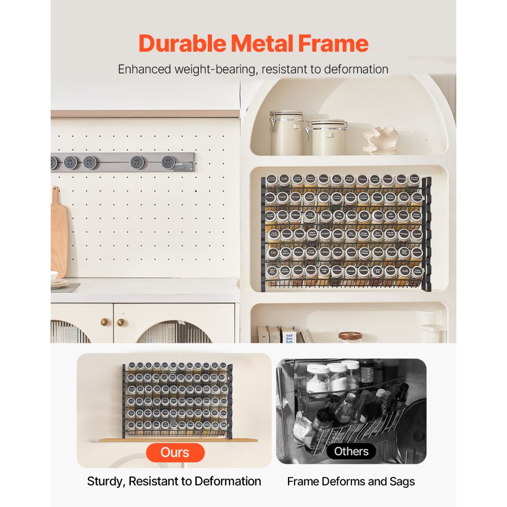 VEVOR Organizador de Especias para Armario, con 72 Tarros Vacíos, Tapas, Etiquetas y Embudo, Juego Completo, para Encimera, Cocina, Despensa y Armario, 591 x 118 x 407 mm, 6 Niveles, Carga 10 kg