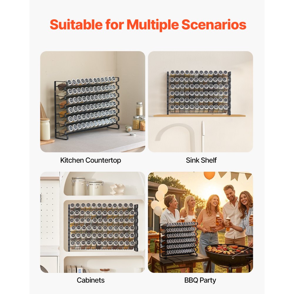 VEVOR Organizador de Especias para Armario, con 72 Tarros Vacíos, Tapas, Etiquetas y Embudo, Juego Completo, para Encimera, Cocina, Despensa y Armario, 591 x 118 x 407 mm, 6 Niveles, Carga 10 kg