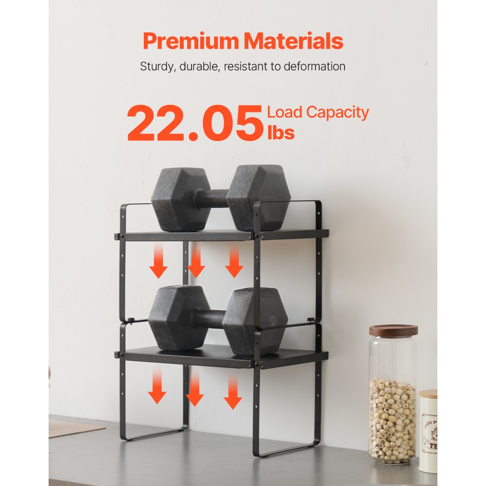 VEVOR Organizador de Estantes Ajustable para Gabinetes de Cocina, 2 Niveles, Apilables y Elevadores de Almacenamiento, para Cocina, Baño, Oficina, Casa, 650 x 220 x 500 mm, 2 Unidades, Negro