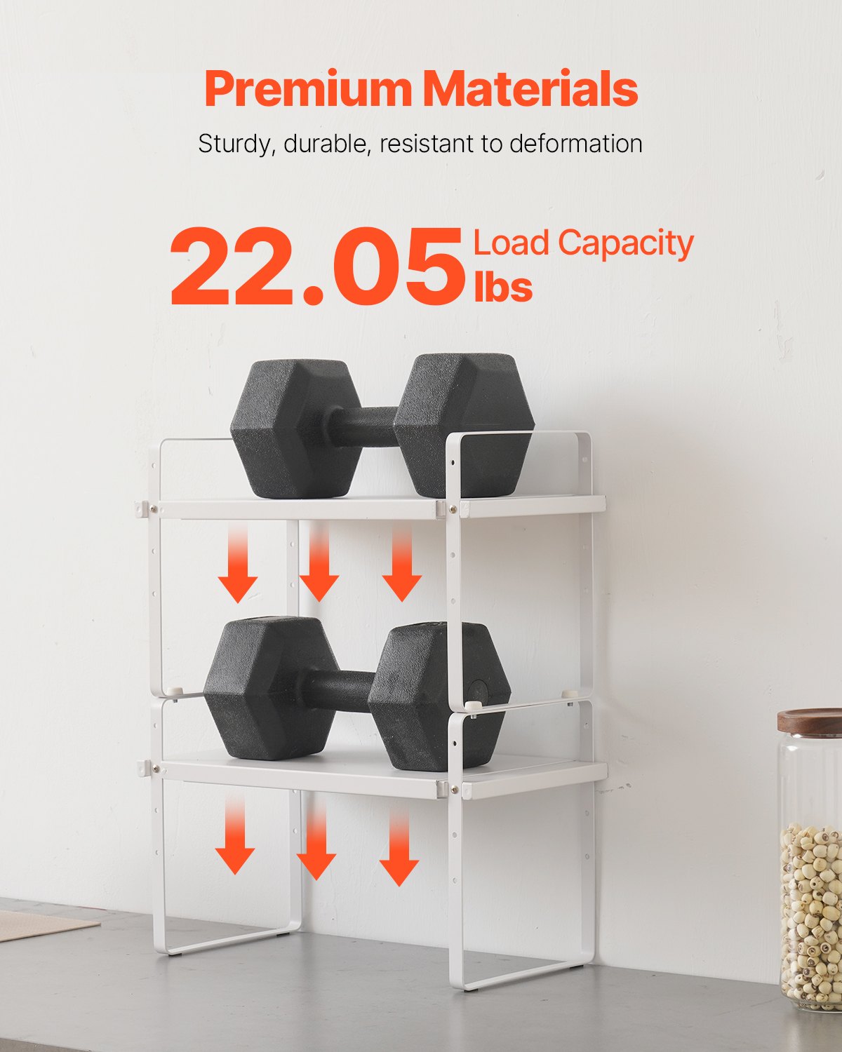 VEVOR Adjustable Standing Spice Rack, 2 Tiers, Large Capacity Kitchen Shelf, Stackable Countertop Organizer, Pantry Organizer for Kitchen, Bathroom, Office, White