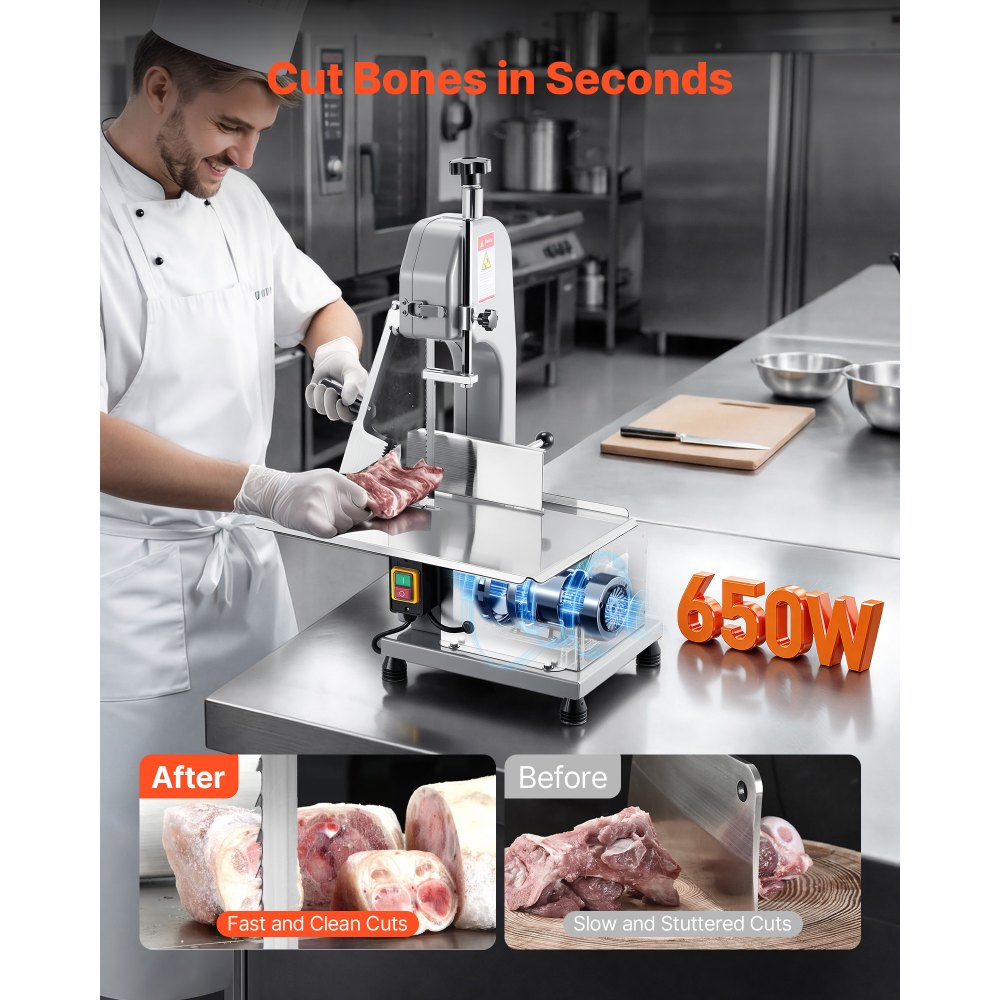 Sierra de cinta eléctrica comercial para carne VEVOR, máquina cortadora de huesos de acero inoxidable de 650 W para encimera, Workbeach de 12,4" x 18,1", grosor máximo de corte de 4,33 pulgadas, cortadora de carne congelada para costillas de cerdo y res