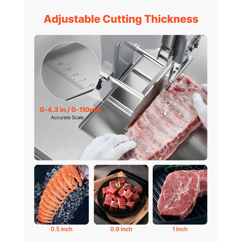 Sierra de cinta eléctrica comercial para carne VEVOR, máquina cortadora de huesos de acero inoxidable de 650 W para encimera, Workbeach de 12,4" x 18,1", grosor máximo de corte de 4,33 pulgadas, cortadora de carne congelada para costillas de cerdo y res