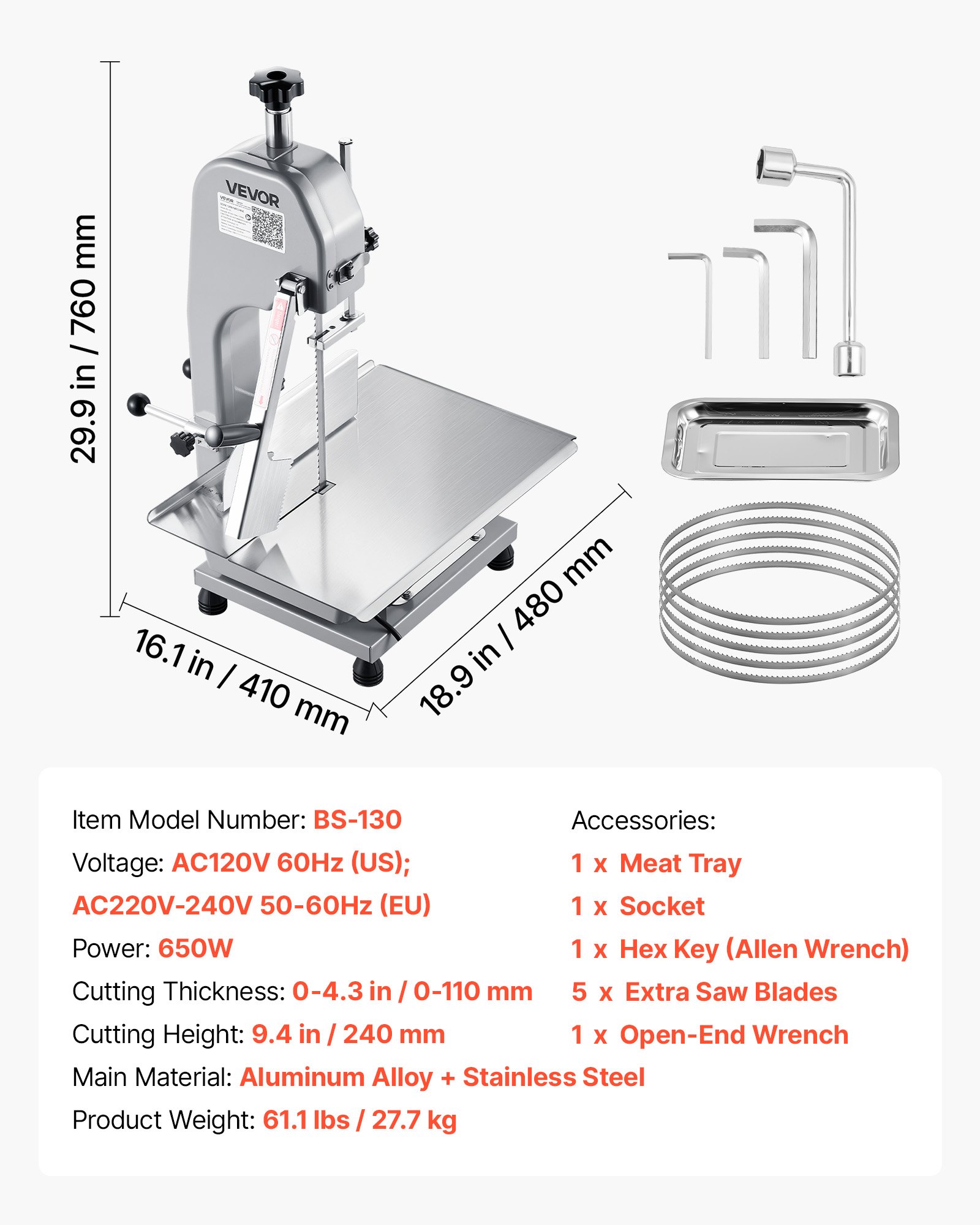 Sierra de cinta eléctrica comercial para carne VEVOR, máquina cortadora de huesos de acero inoxidable de 650 W para encimera, Workbeach de 12,4" x 18,1", grosor máximo de corte de 4,33 pulgadas, cortadora de carne congelada para costillas de cerdo y res