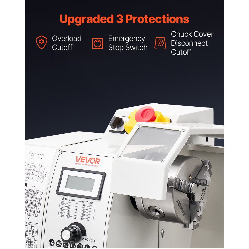 VEVOR Torno de Metal Sobremesa 650 W 220 x 402 mm, Velocidad Variable 0-2500 RPM, Dirección Reversible, 14 Roscas Métricas y 10 Imperiales, Engranajes Metálicos, para Torneado de Precisión en Metal