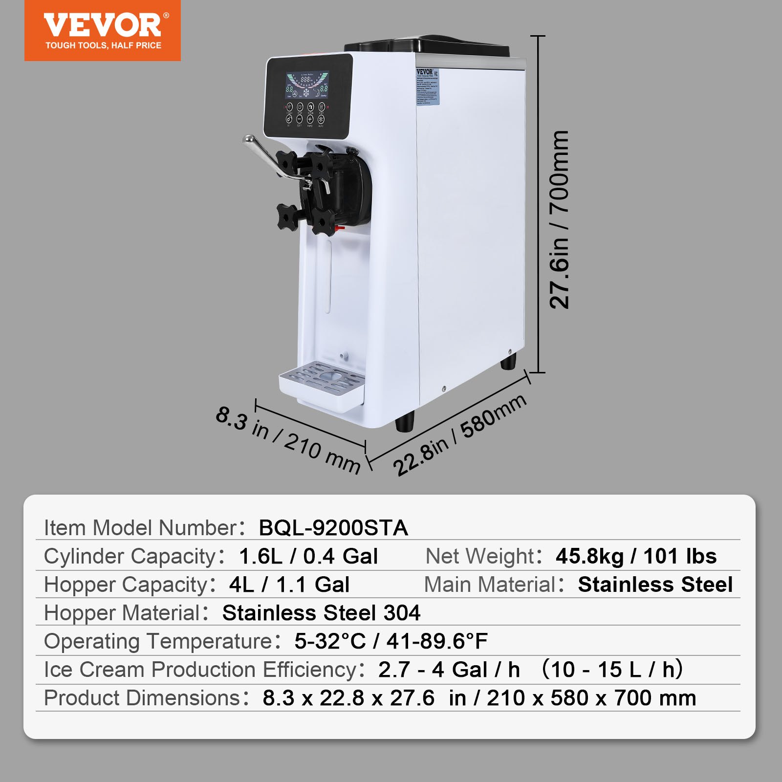 VEVOR Commercial Ice Cream Machine, 10 L/h Capacity, 900 W, Soft Serve Machine for One Flavor, Countertop, with 4 L Hopper, 1.6 L Cylinder, LCD Screen, Pre-Cooling