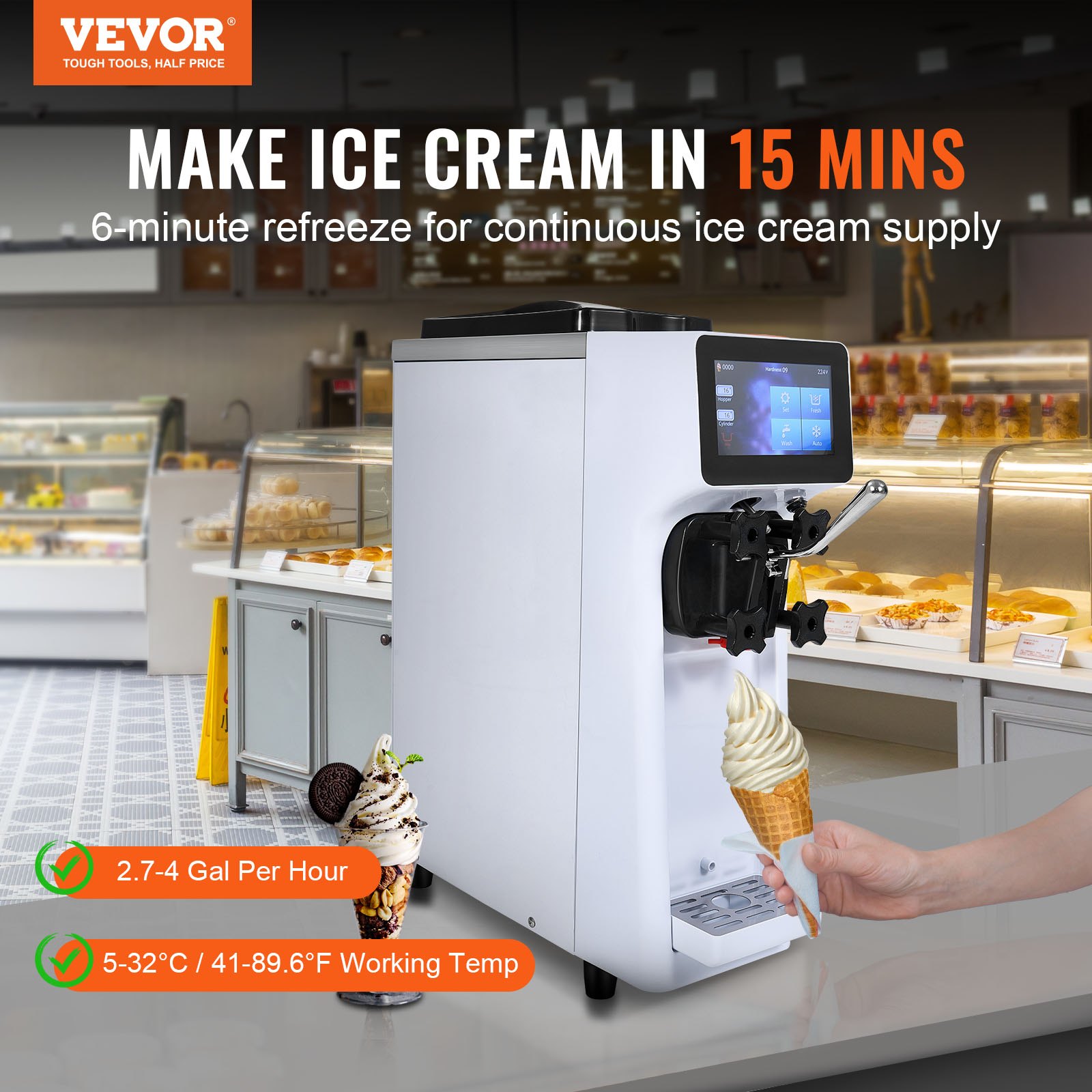 VEVOR Commercial Ice Cream Machine, 10 L/h Capacity, Soft Serve Machine, Single Flavor, Countertop, 4 L Hopper, 1.6 L Cylinder, Touchscreen, Automatic Cleaning, Pre-Cooling, Snack Bars
