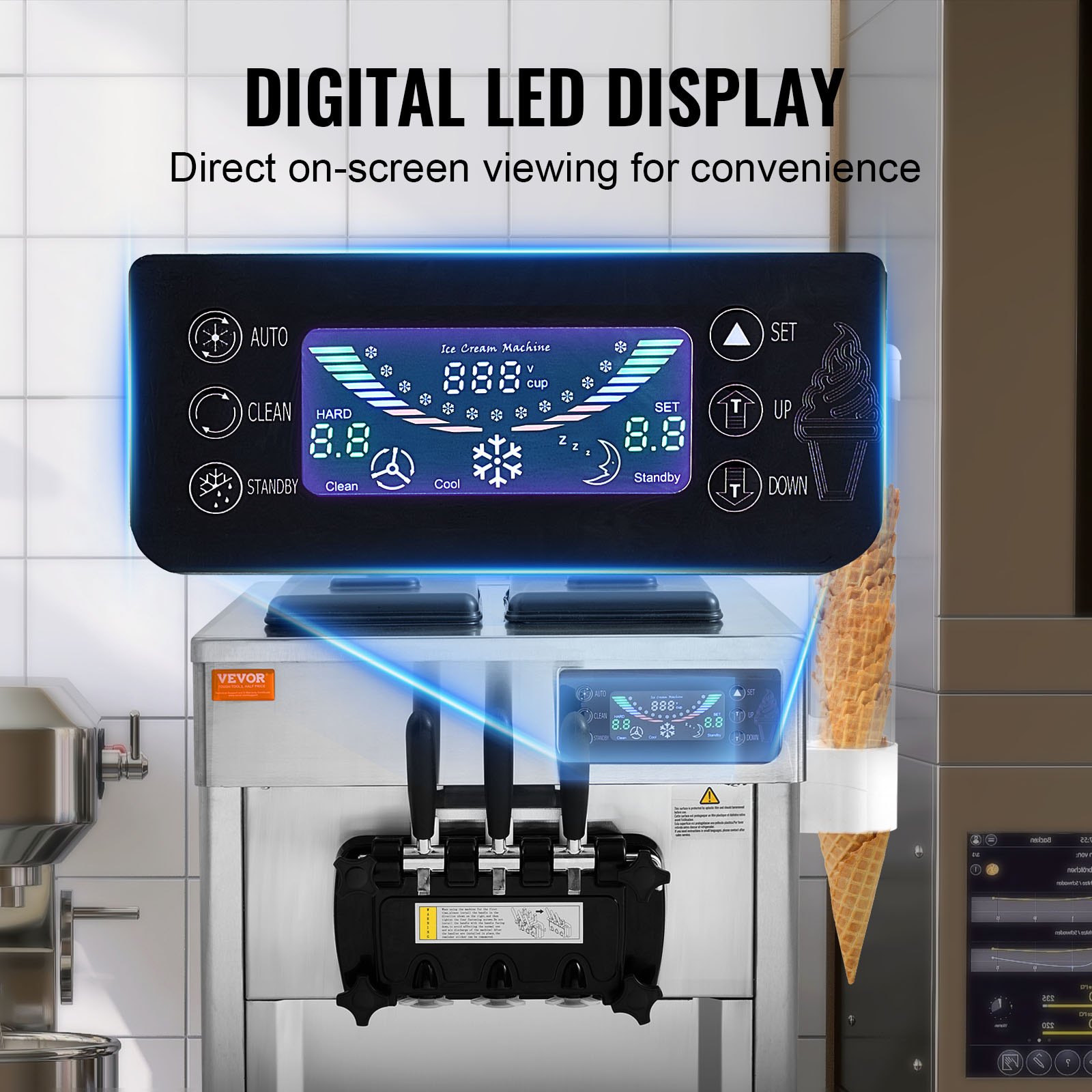 VEVOR Máquina de Helados Comercial 18-28 L/h 3 Sabores Máquina para Hacer Helados 2 Tolvas de 5,5 L Panel LCD Limpieza Automática Preenfriamiento para Yogur Café Snack-bars Restaurante Mercado Tienda