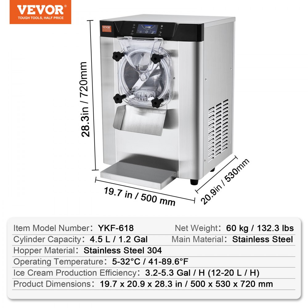 VEVOR Máquina para Hacer Helados Comercial 12 L/h 1295 W Sabor Único Máquina para Hacer Helados Eléctrica con Cilindro de Acero Inoxidable 4,5 L Preenfriamiento Automático Panel LED para Restaurante