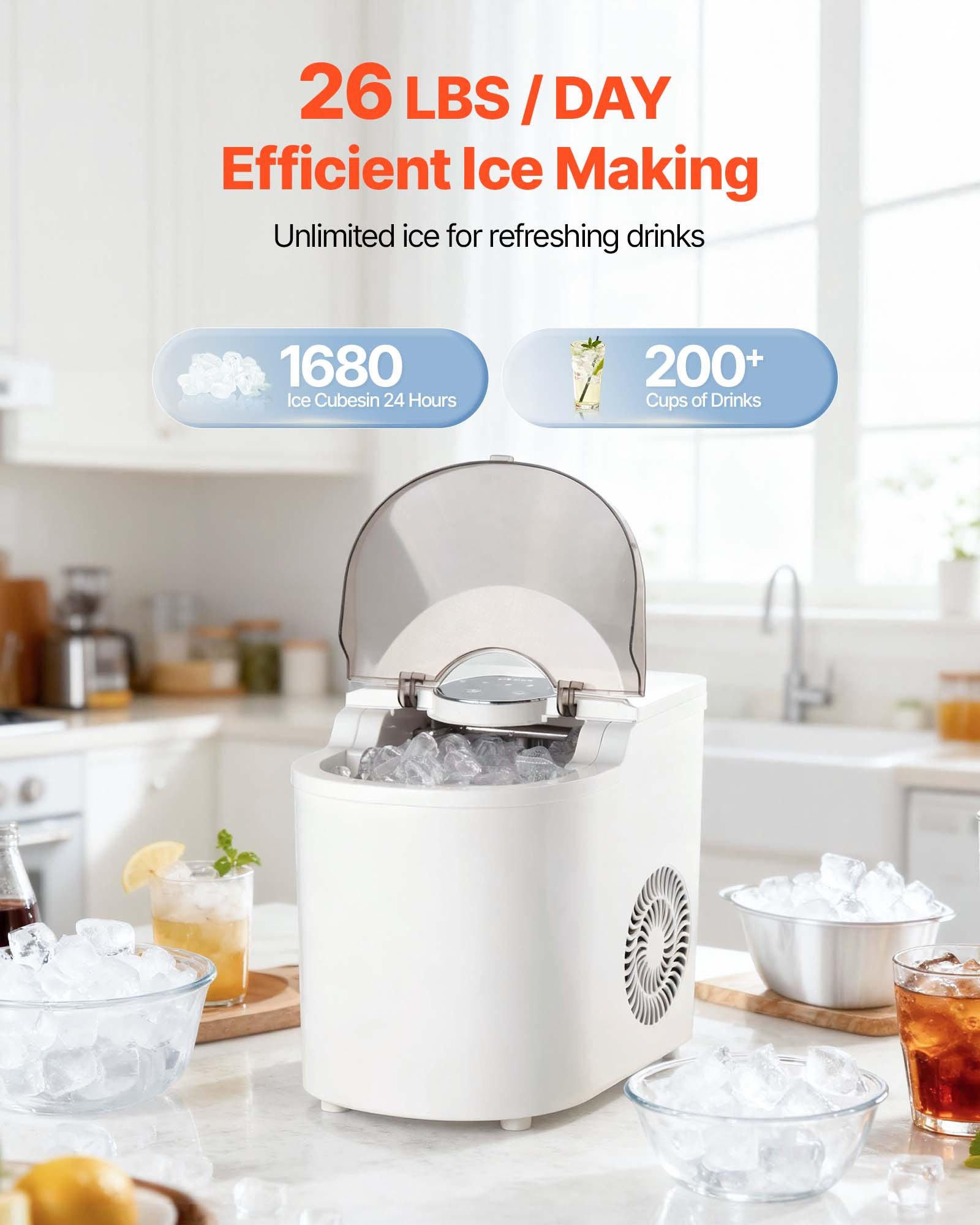 VEVOR Máquina de Hielo de Mesa, 7 Cubitos de Hielo en 6 Minutos, 11,8 kg al Día, Autolimpiable, Helado Esférico, con Pala, ideal para el Hogar, la Cocina, la Oficina, Bares y Fiestas, Blanco