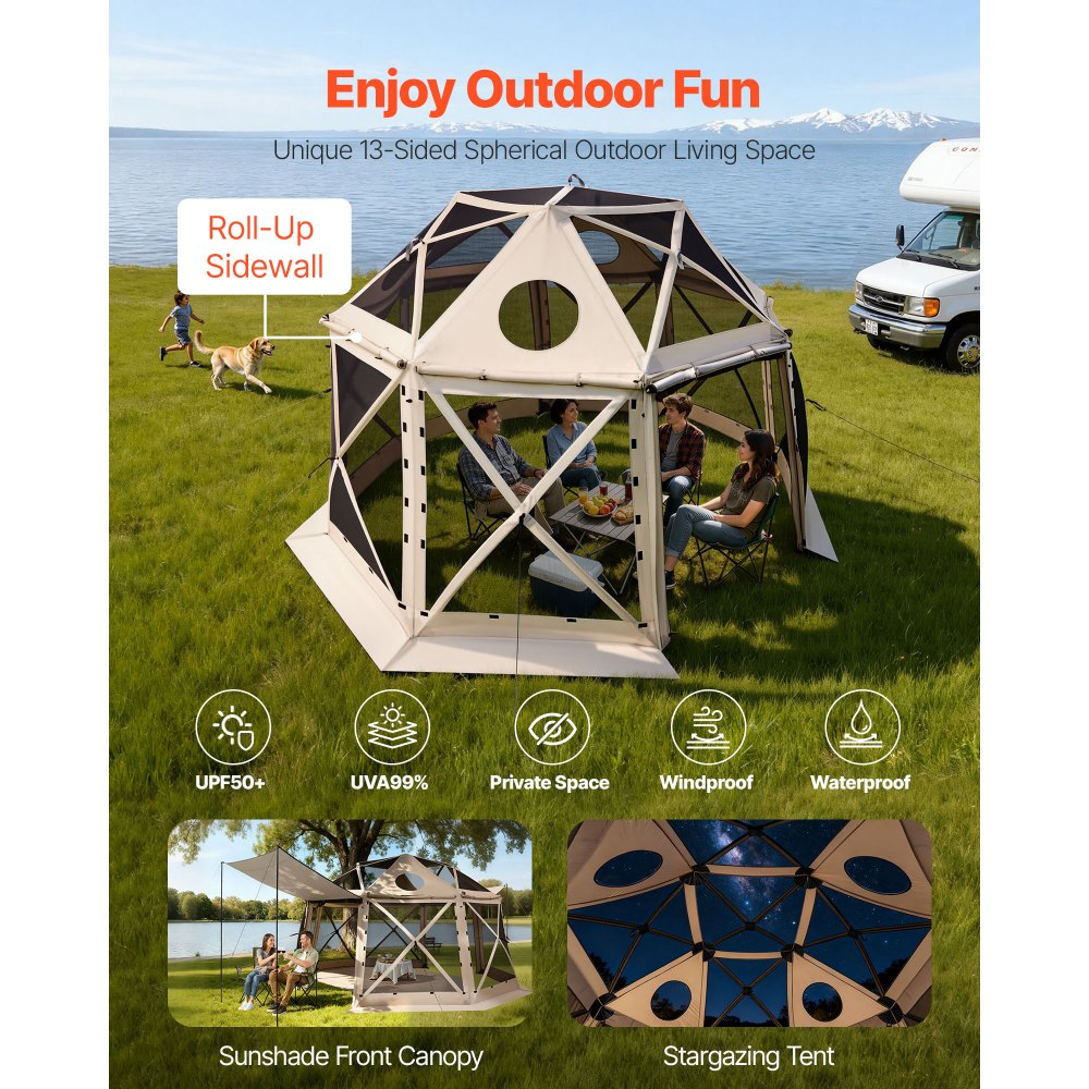 VEVOR Carpa Plegable de 13 Lados 3,6 x 3,6 m, Pérgola de Jardín con Techo Desmontable y Bolsa de Transporte, Carpa de Exterior para 8 a 10 Personas, para Fiesta, Camping, Playa, Patio, Beige