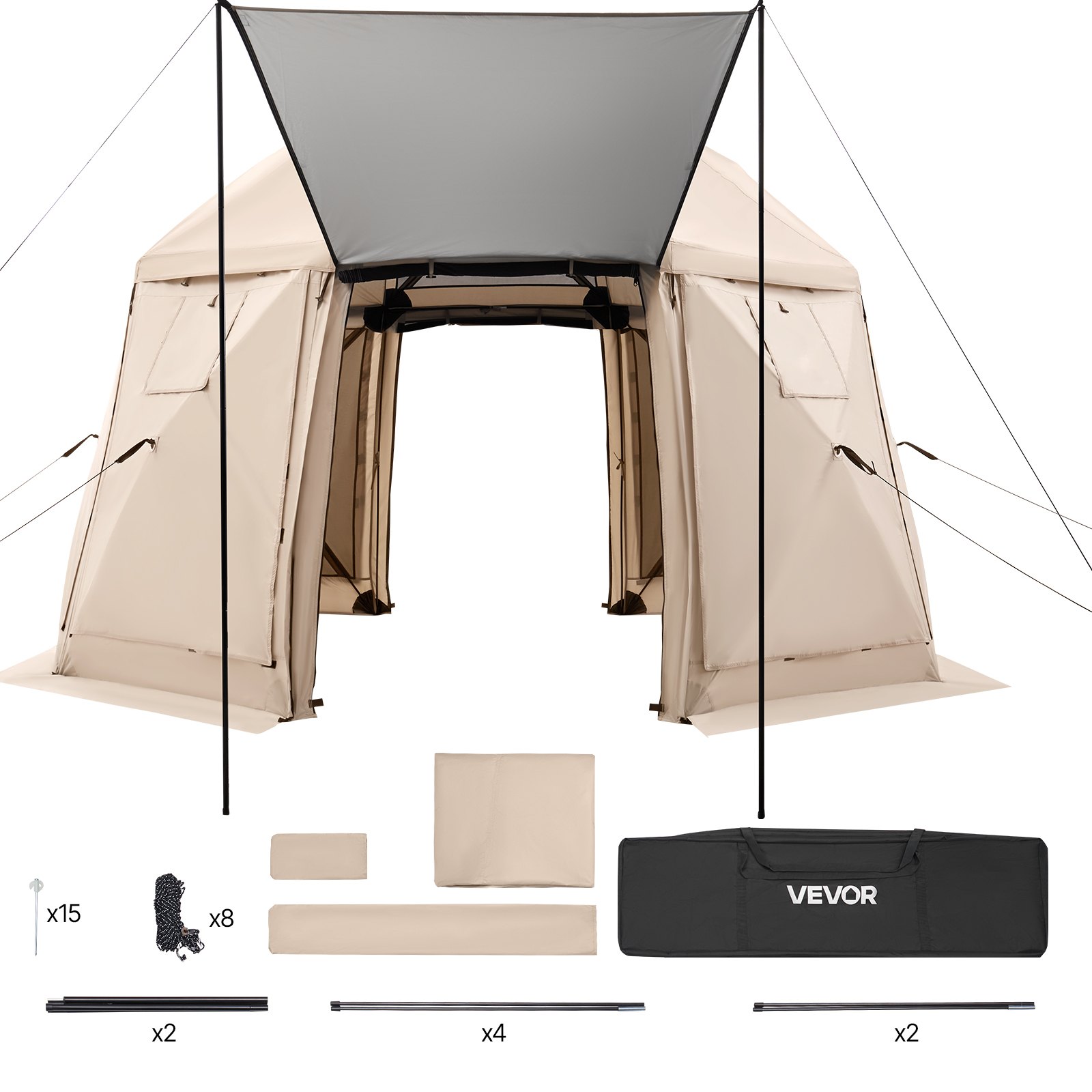 VEVOR Carpa Plegable de 13 Lados 3,6 x 3,6 m, Pérgola de Jardín con Techo Desmontable y Bolsa de Transporte, Carpa de Exterior para 8 a 10 Personas, para Fiesta, Camping, Playa, Patio, Beige