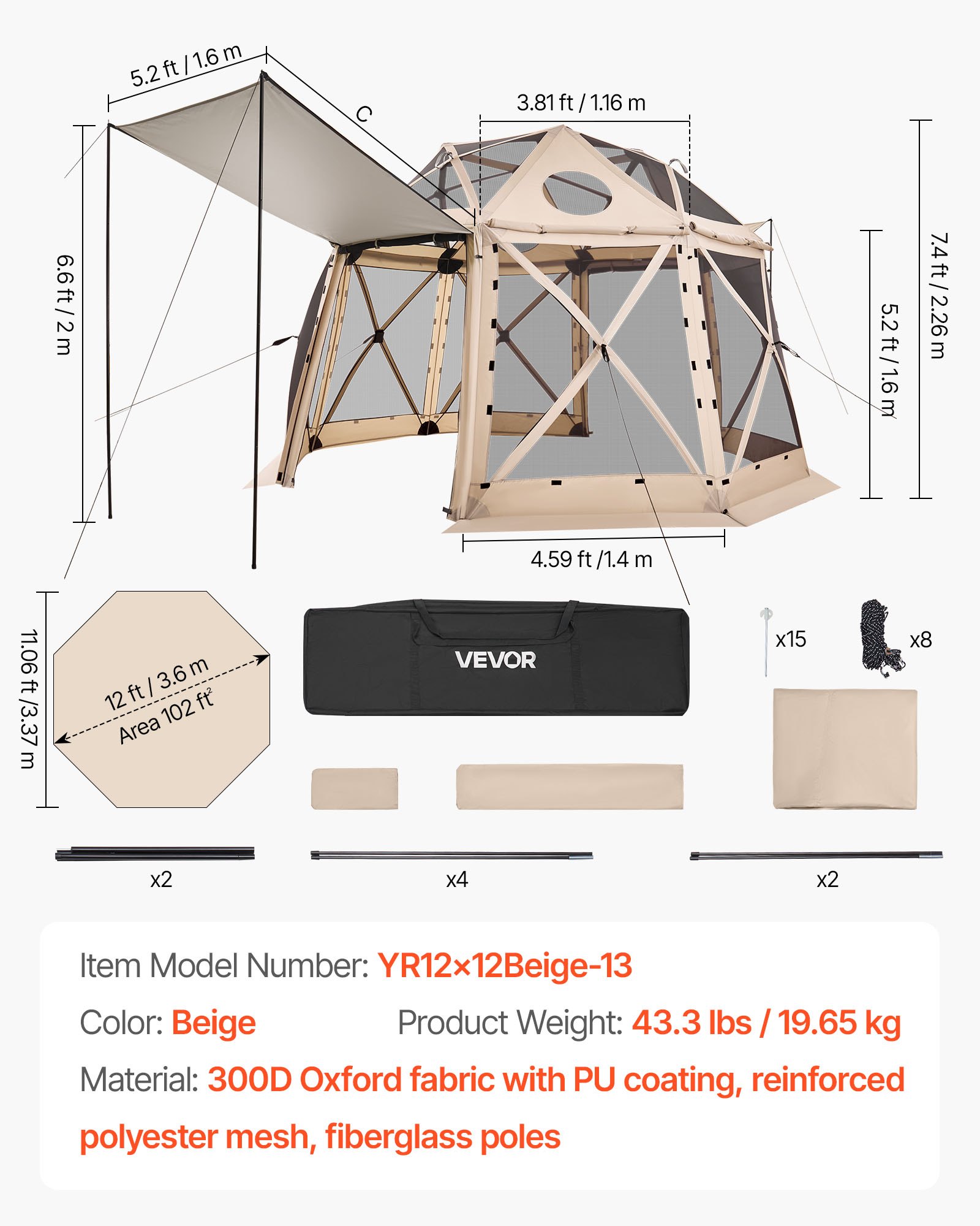 VEVOR Carpa Plegable de 13 Lados 3,6 x 3,6 m, Pérgola de Jardín con Techo Desmontable y Bolsa de Transporte, Carpa de Exterior para 8 a 10 Personas, para Fiesta, Camping, Playa, Patio, Beige