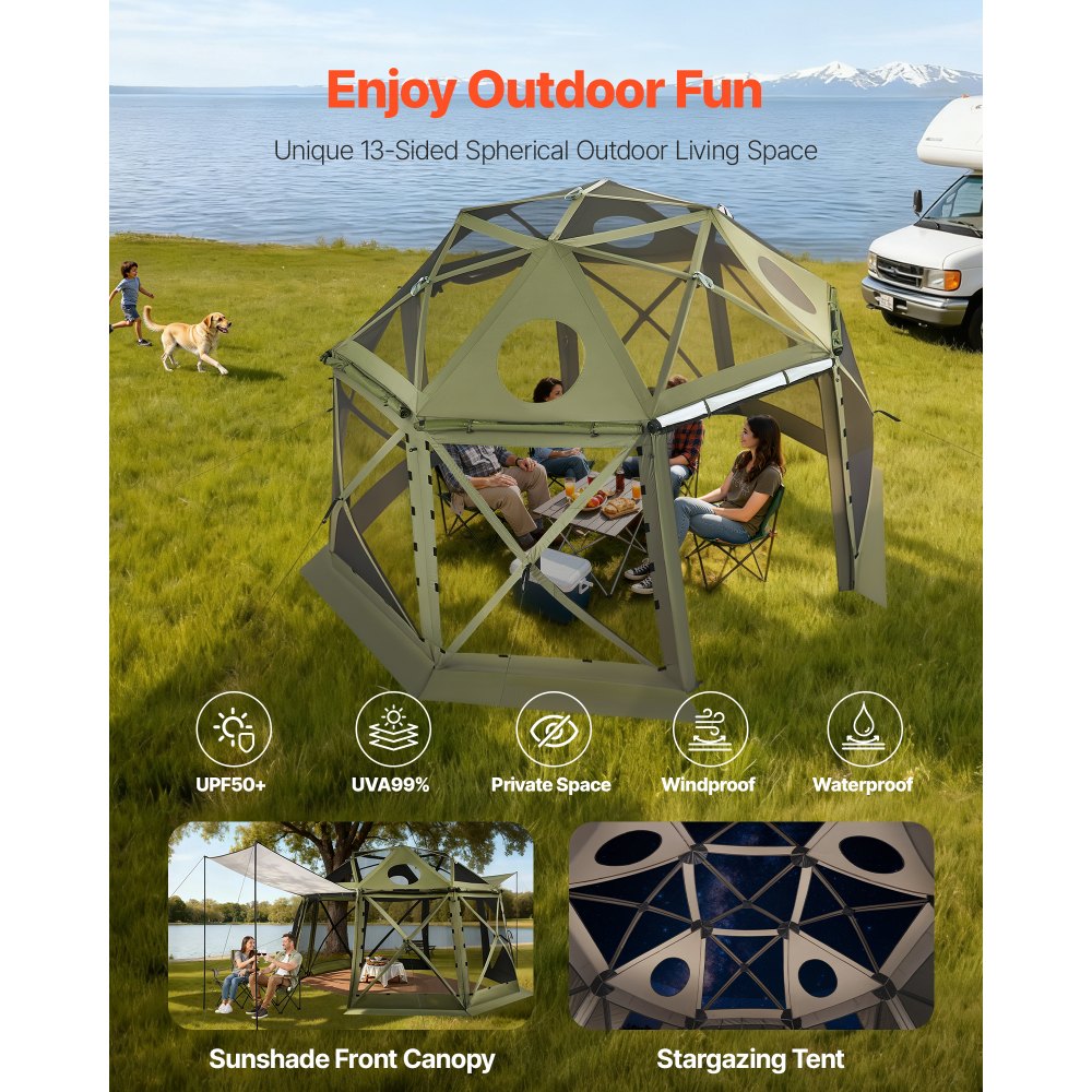 VEVOR Carpa Plegable de 13 Lados 3,96 x 3,96 m, Pérgola de Jardín con Techo Desmontable y Bolsa de Transporte, Carpa de Exterior para 10 a 12 Personas, para Fiesta, Camping, Playa, Patio, Verde
