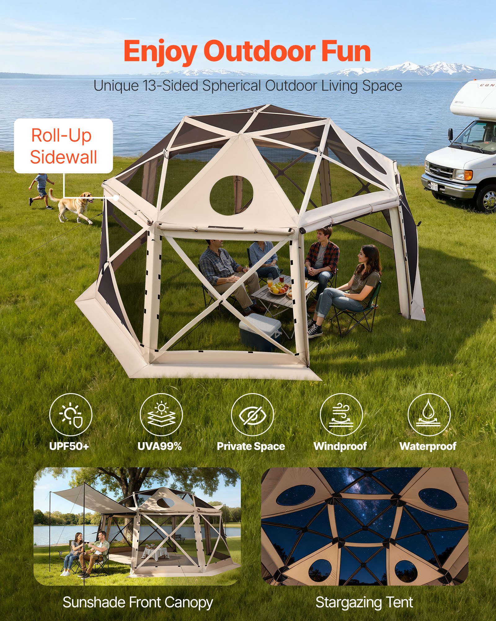 VEVOR Carpa Plegable de 13 Lados 4,57 x 4,57 m, Pérgola de Jardín con Techo Desmontable y Bolsa de Transporte, Carpa de Exterior para 12 a 15 Personas, para Fiesta, Camping, Playa, Patio, Beige