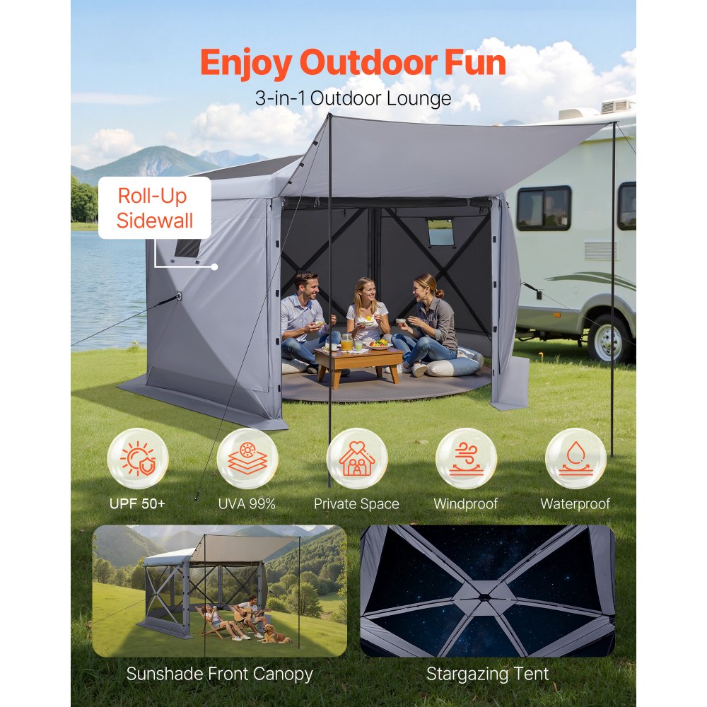 VEVOR Carpa Plegable de 6 Lados 3,6 x 3,6 m, Pérgola de Jardín con Techo Desmontable y Bolsa de Transporte, Carpa de Exterior para 8 a 10 Personas, para Fiesta, Camping, Playa, Patio, Jardín, Gris