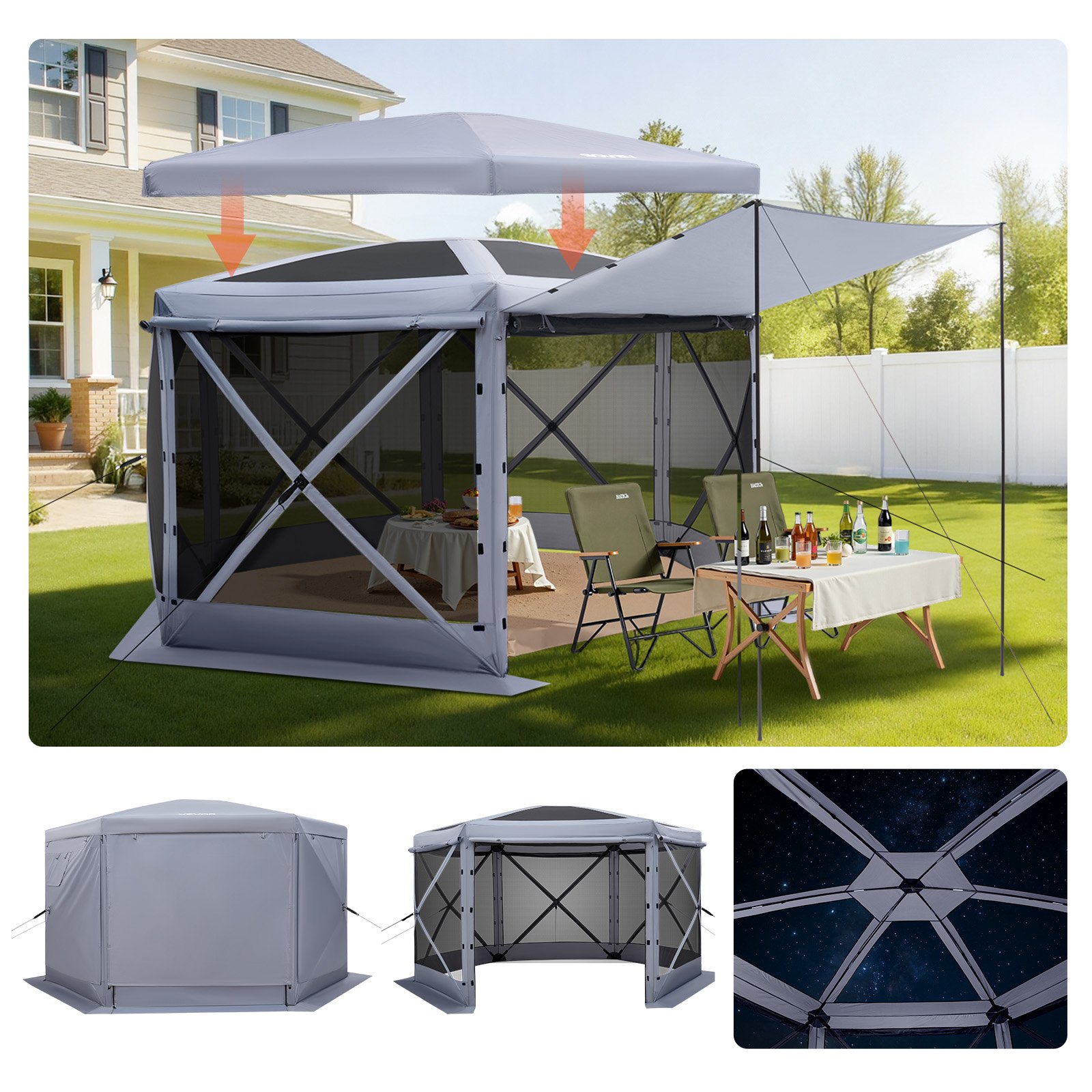 VEVOR Carpa Plegable de 6 Lados 3,6 x 3,6 m, Pérgola de Jardín con Techo Desmontable y Bolsa de Transporte, Carpa de Exterior para 8 a 10 Personas, para Fiesta, Camping, Playa, Patio, Jardín, Gris