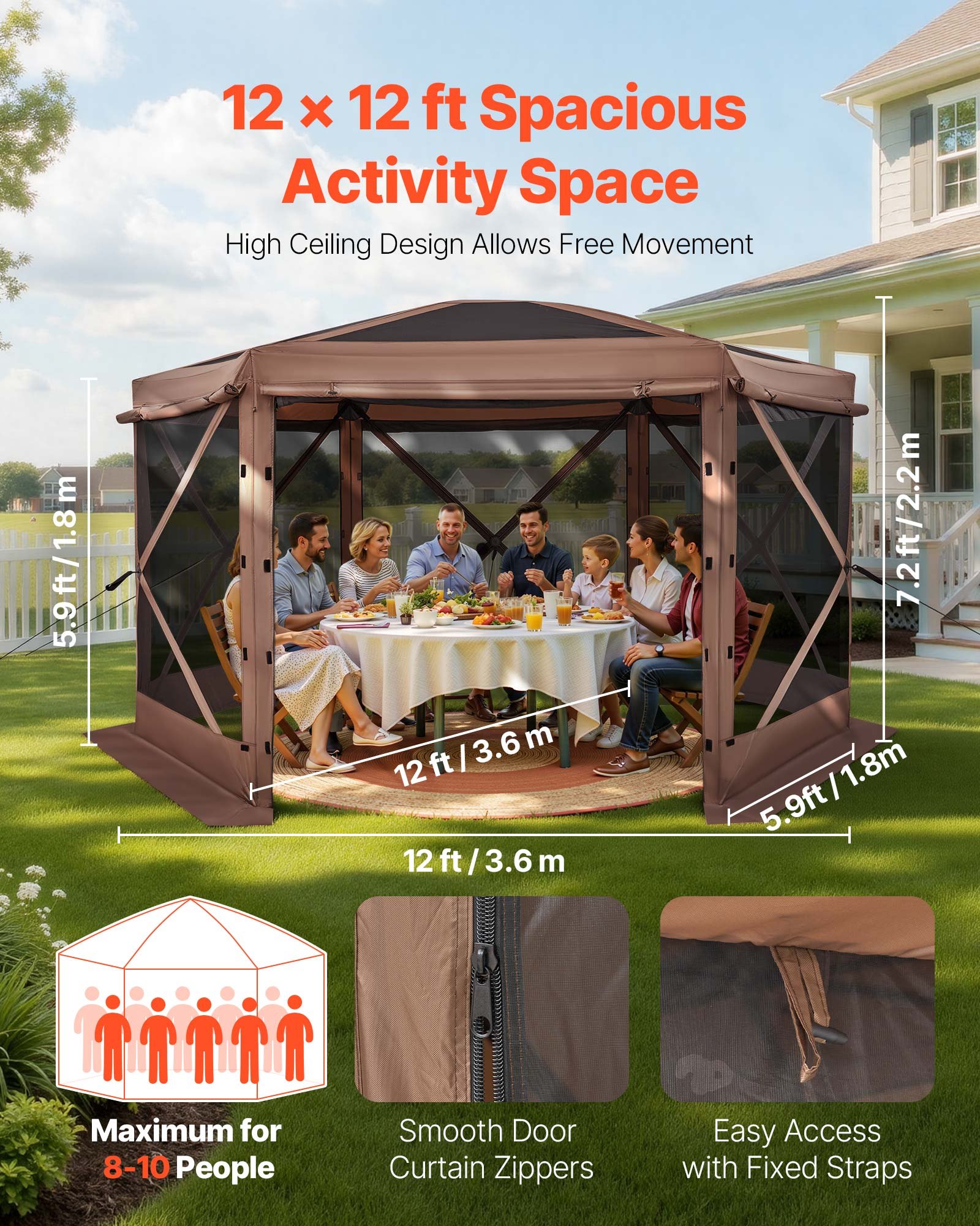 VEVOR Carpa Plegable de 6 Lados 3,6 x 3,6 m, Pérgola de Jardín con Techo Desmontable y Bolsa de Transporte, Carpa de Exterior para 8 a 10 Personas, para Fiesta, Camping, Playa, Patio, Jardín, Marrón