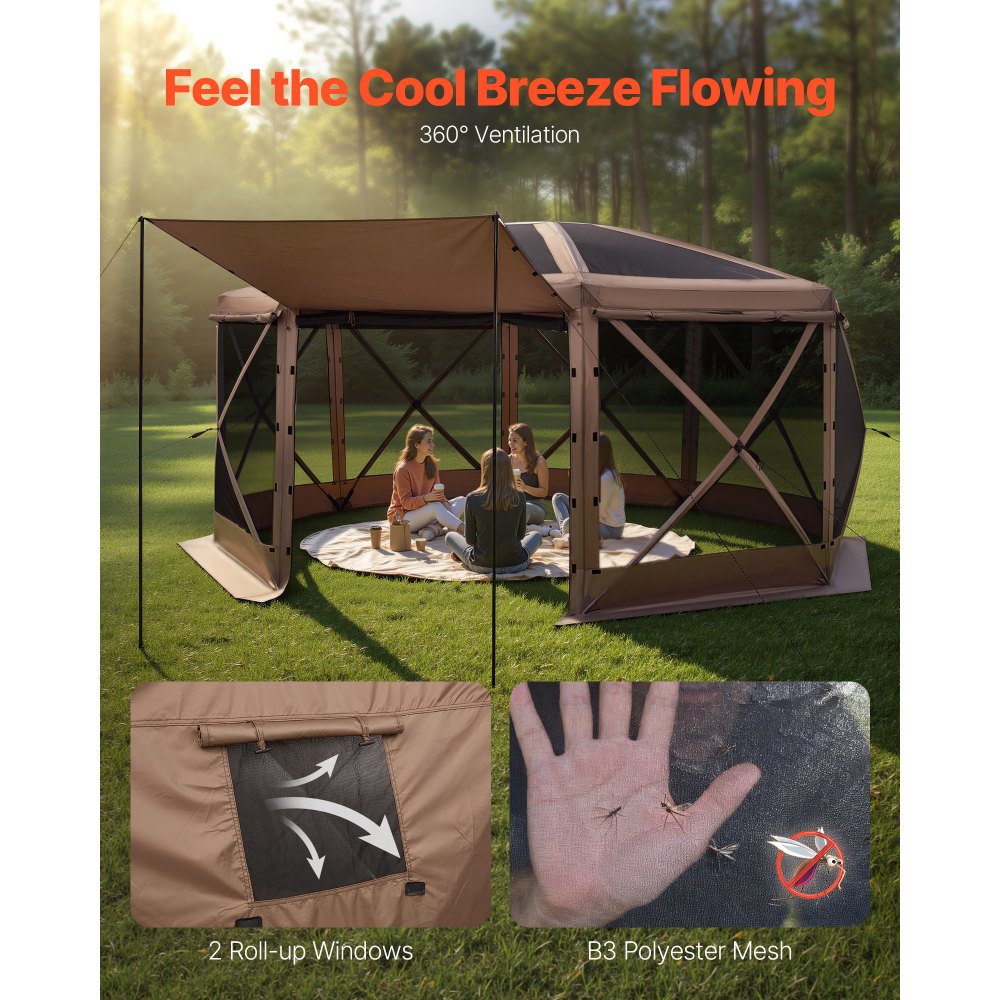VEVOR Carpa Plegable de 8 Lados 4,57 x 4,57 m, Pérgola de Jardín con Techo Desmontable y Bolsa de Transporte, Carpa de Exterior para 12 a 15 Personas, para Fiesta, Camping, Playa, Patio, Marrón