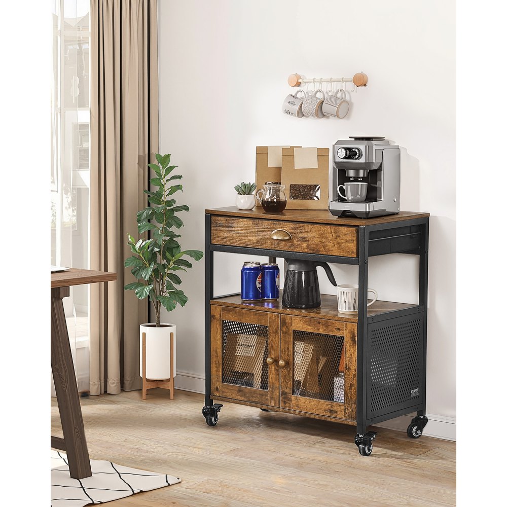 VEVOR Coffee Bar Cabinet 61 x 36 x 70.5 cm Country Style Coffee Bar Cabinet with 4-Tier Storage, Movable Coffee Bar Table with Wheels & Mesh Door, Sideboard Buffet Cabinet for Kitchen Entrance Area