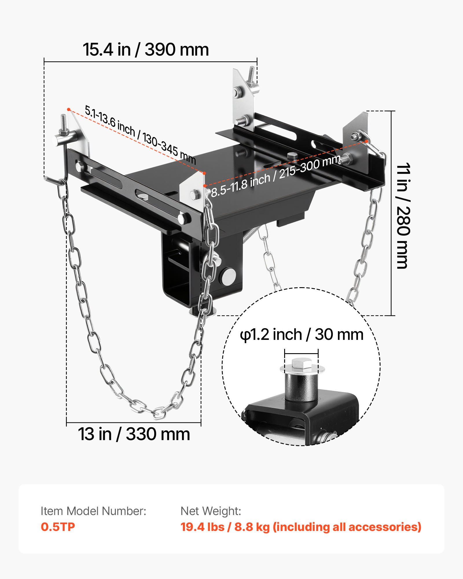 VEVOR Bandeja Adaptadora para Gato de Transmisión, Capacidad de 0,5 T, Acero Resistente, para Gato de Coche, con Eje de Sillín Extraíble de 30 mm, Color Negro, Carga 500 kg, 390 x 330 x 280 mm