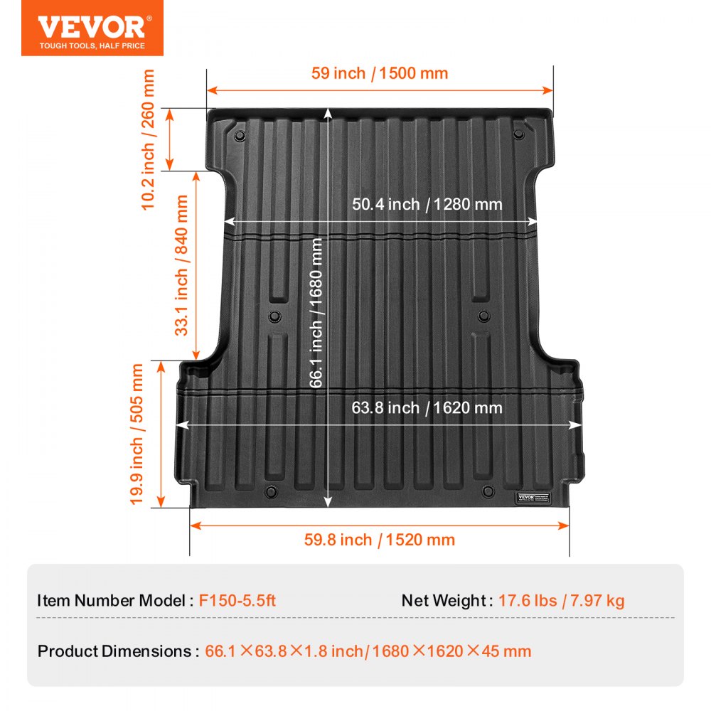 VEVOR Truck Bed Mat Compatible with Ford F-150 2015-2024, TPE Truck Bed Mat 1680 x 1620 x 45 mm, Black Thick Mattress, Ideal for Transporting Goods