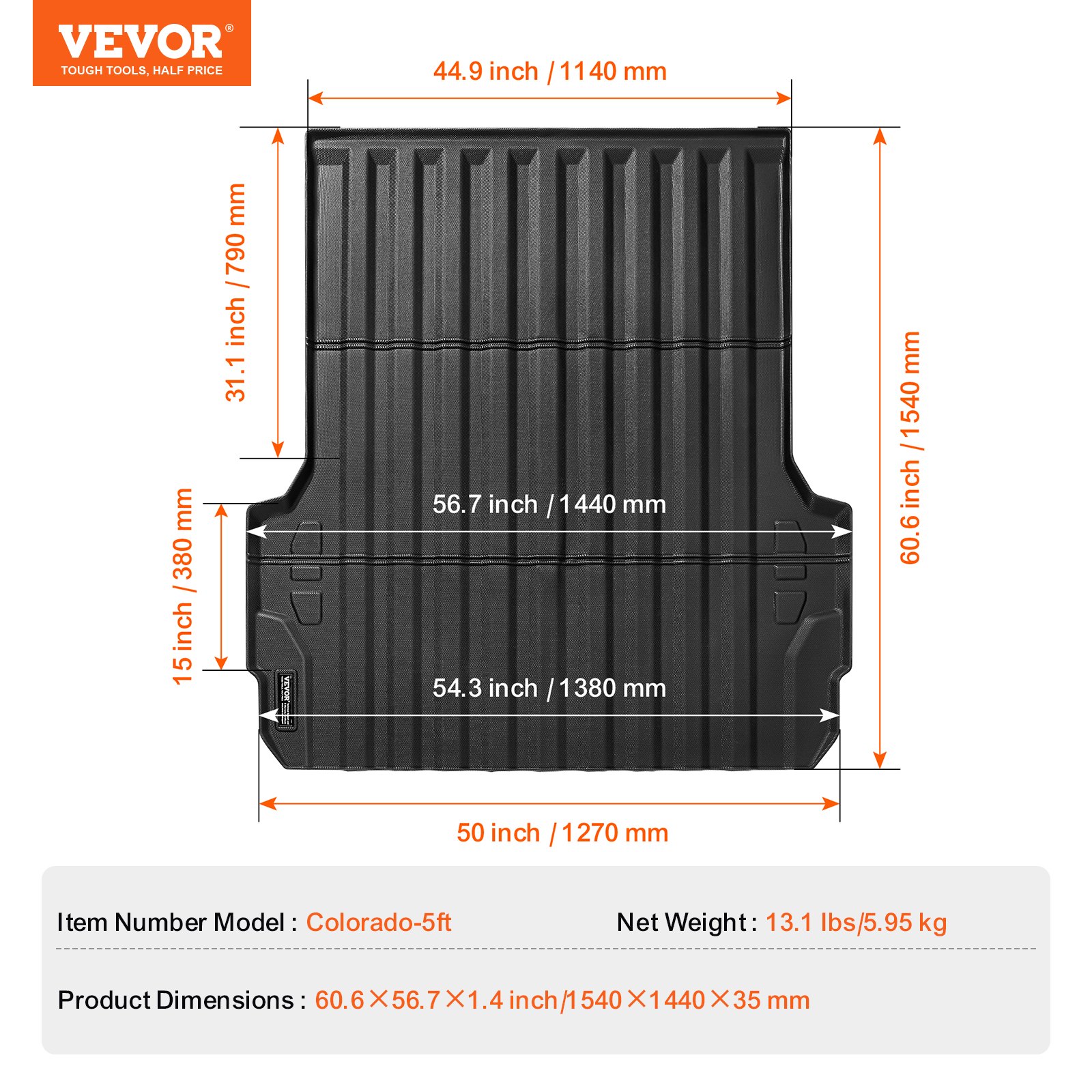 VEVOR Alfombrilla para Caja de Camioneta, Compatible con Chevrolet Colorado/GMC Canyon 2023-2024, TPE, Gruesa y Resistente, Accesorios para Protección Contra Todo Tipo de Clima, 1540 x 1440 x 35 mm