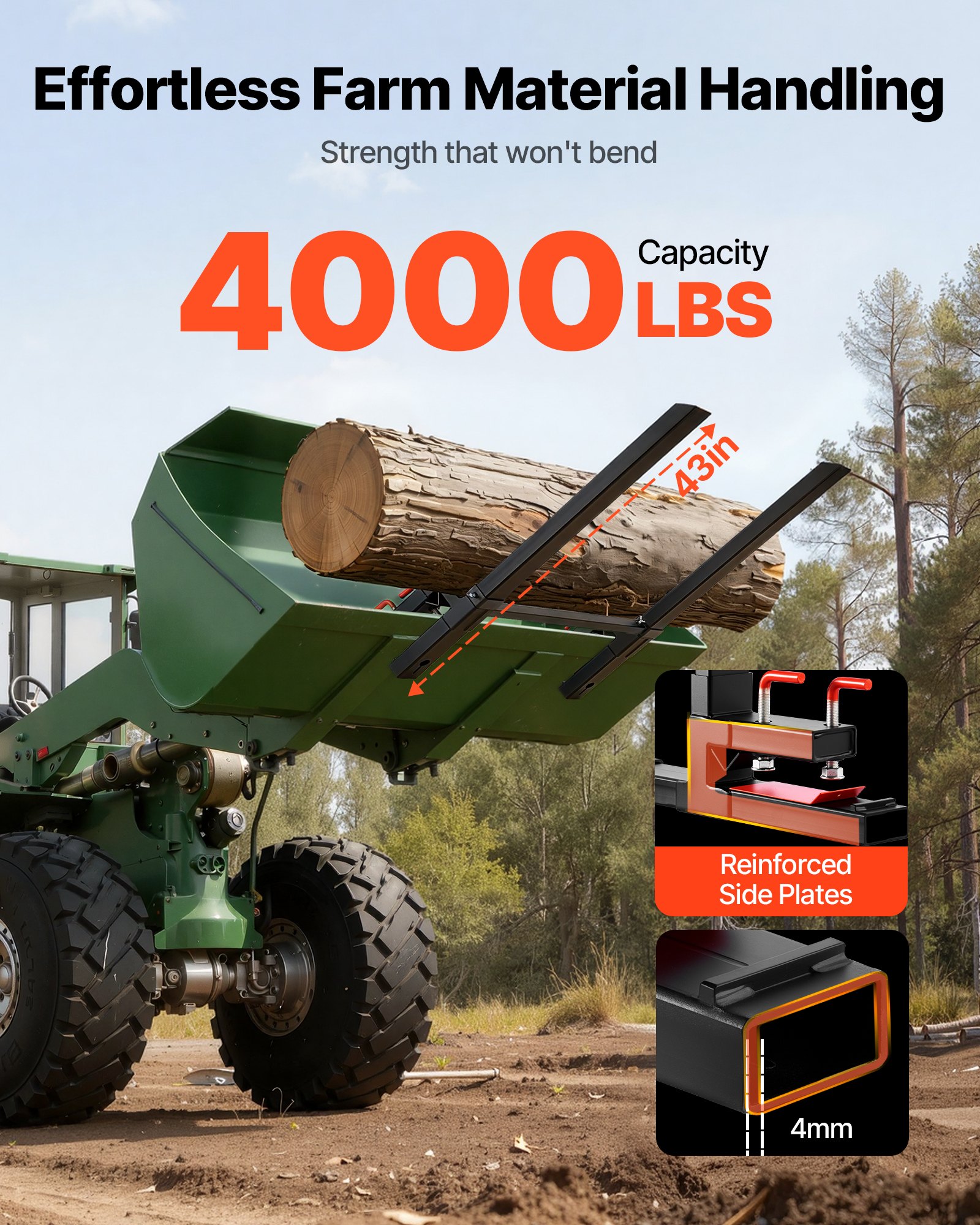 VEVOR Abrazadera de Horquillas de Tractor 1814 kg, Horquillas de Palé Longitud Total de 149 cm, con Barra Antivuelco y Barra Estabilizadora Ajustable, para Pala Cargadora, Minicargadora, Tractor