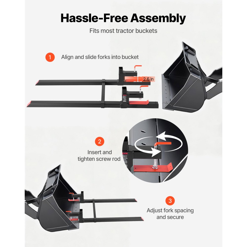 VEVOR Abrazadera de Horquillas de Tractor 907 kg, Horquillas de Palé Longitud Total de 149 cm, con Barra Estabilizadora Ajustable, Alta Resistencia, para Pala Cargadora, Minicargadora, Tractor