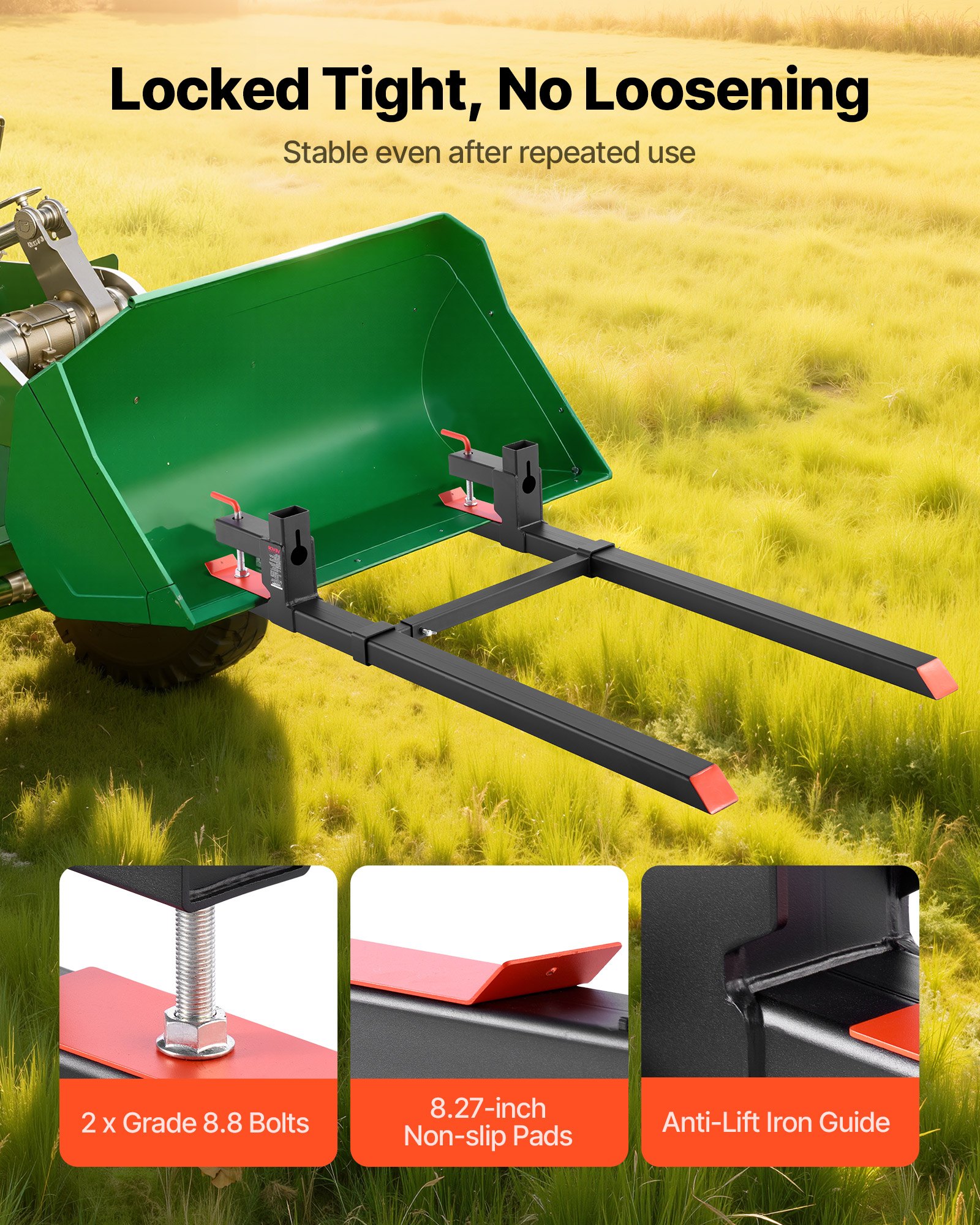 VEVOR Abrazadera de Horquillas de Tractor 907 kg, Horquillas de Palé Longitud Total de 149 cm, con Barra Estabilizadora Ajustable, Alta Resistencia, para Pala Cargadora, Minicargadora, Tractor
