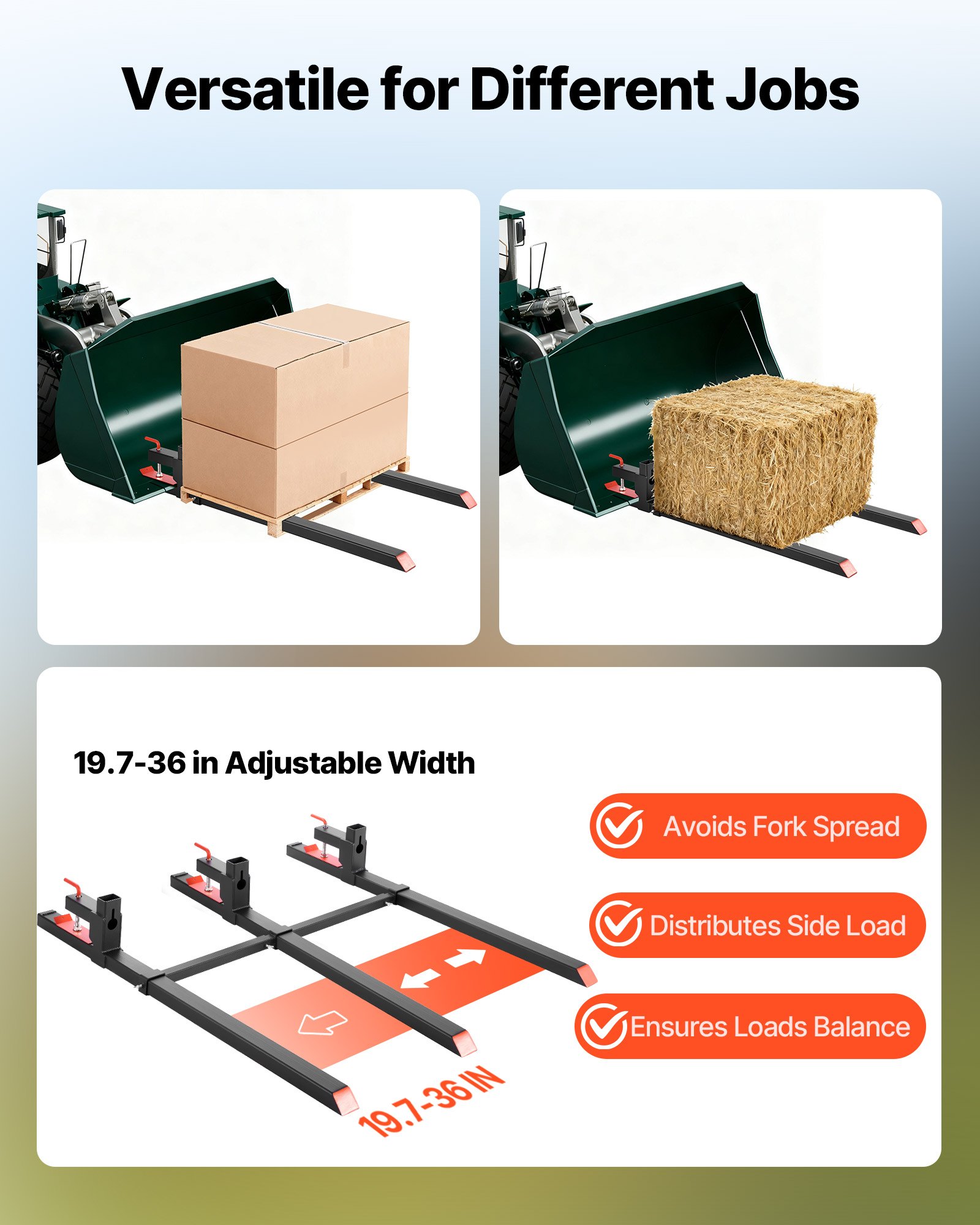 VEVOR Abrazadera de Horquillas de Tractor 907 kg, Horquillas de Palé Longitud Total de 149 cm, con Barra Estabilizadora Ajustable, Alta Resistencia, para Pala Cargadora, Minicargadora, Tractor