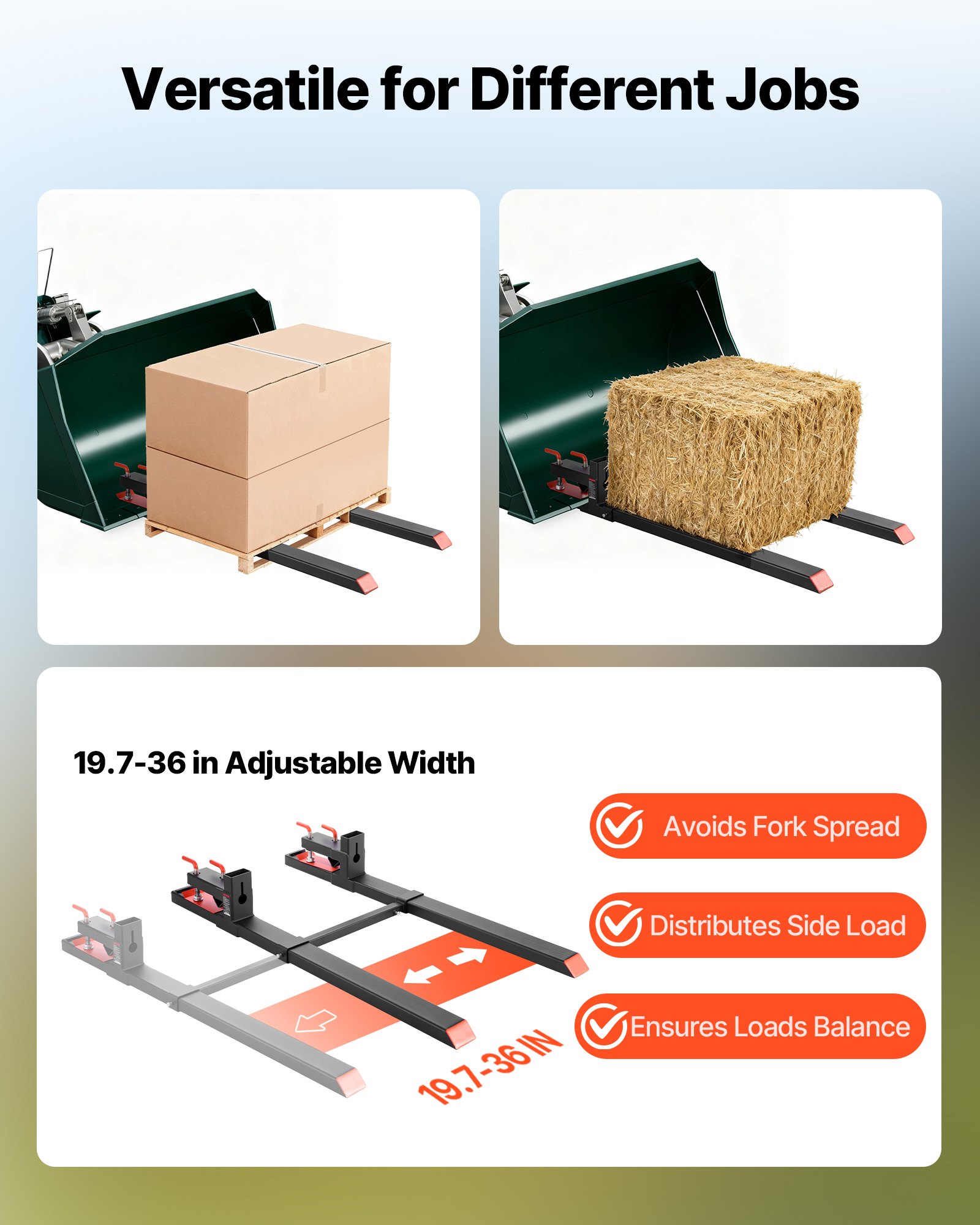 VEVOR Abrazadera de Horquillas de Tractor 1814 kg, Horquillas de Palé Longitud Total de 149 cm, con Barra Estabilizadora Ajustable, Alta Resistencia, para Pala Cargadora, Minicargadora, Tractor