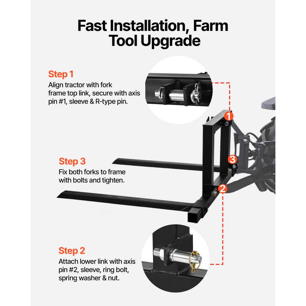 VEVOR Horquillas para Palets de 3 Puntos 680 kg, Abrazadera de Horquillas de Tractor Longitud Total de 128 cm, Ancho Ajustable de 735-1170 mm, Acoplamientos de Enganche Rápido para Tractores de CAT 1