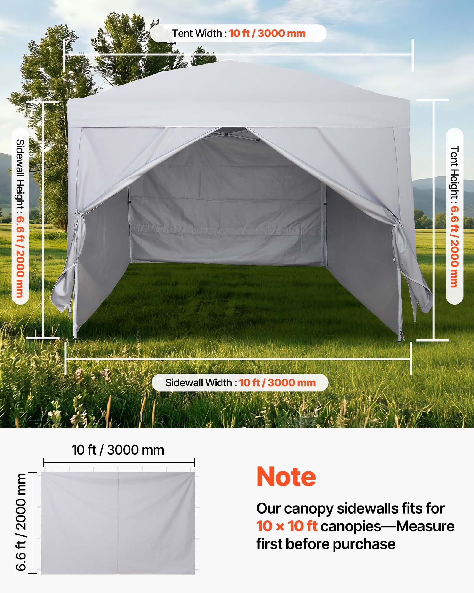 VEVOR Paredes Laterales para Carpa de 3 x 3 m, Impermeables y con Protección Solar, Paneles para Carpas con 1 de Puerta con Cremallera, para Eventos al Aire Libre, Solo 4 Paredes Laterales, Blanco