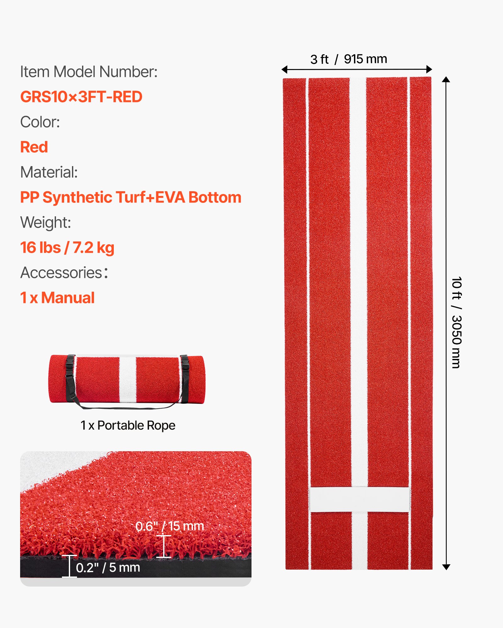 VEVOR Tapete de Lanzamiento de Sóftbol 305 x 91,5 cm Tapete de Entrenamiento de Béisbol Césped Sintético PP y Base de EVA Antideslizante Tapete de Béisbol Portátil en Interior y Exterior, Rojo
