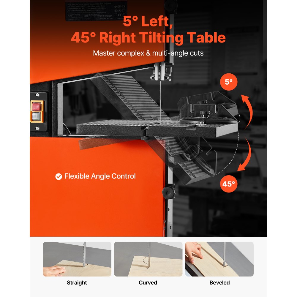VEVOR Sierra de Cinta para Madera con Motor de 373 W, Altura de Corte de 90 mm, Ancho de Corte de 229 mm, Mesa de Aluminio Fundido de 300 x 300 mm, con Luz de Trabajo de 360°, para Carpintería