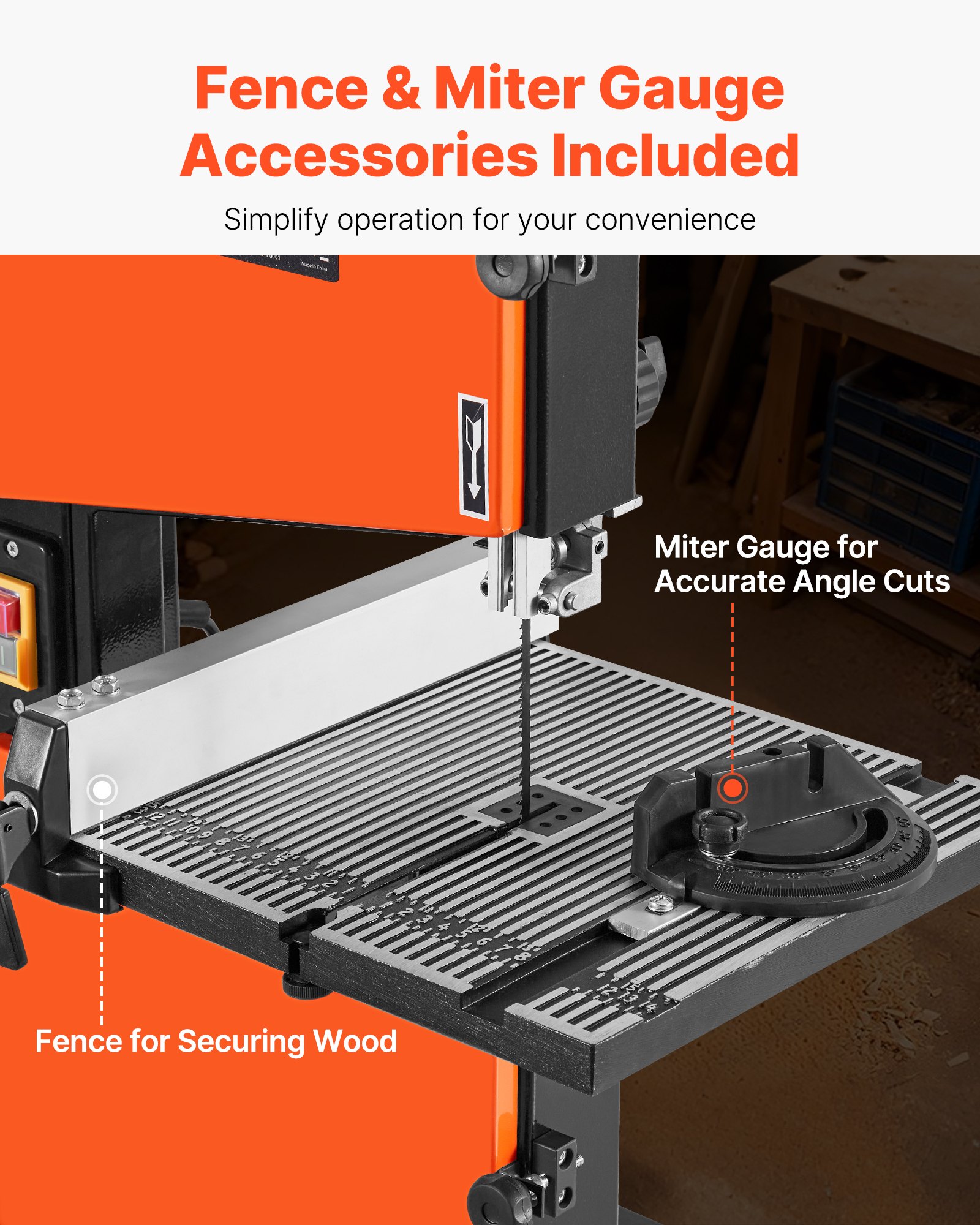 VEVOR Sierra de Cinta para Madera con Motor de 373 W, Altura de Corte de 90 mm, Ancho de Corte de 229 mm, Mesa de Aluminio Fundido de 300 x 300 mm, con Luz de Trabajo de 360°, para Carpintería