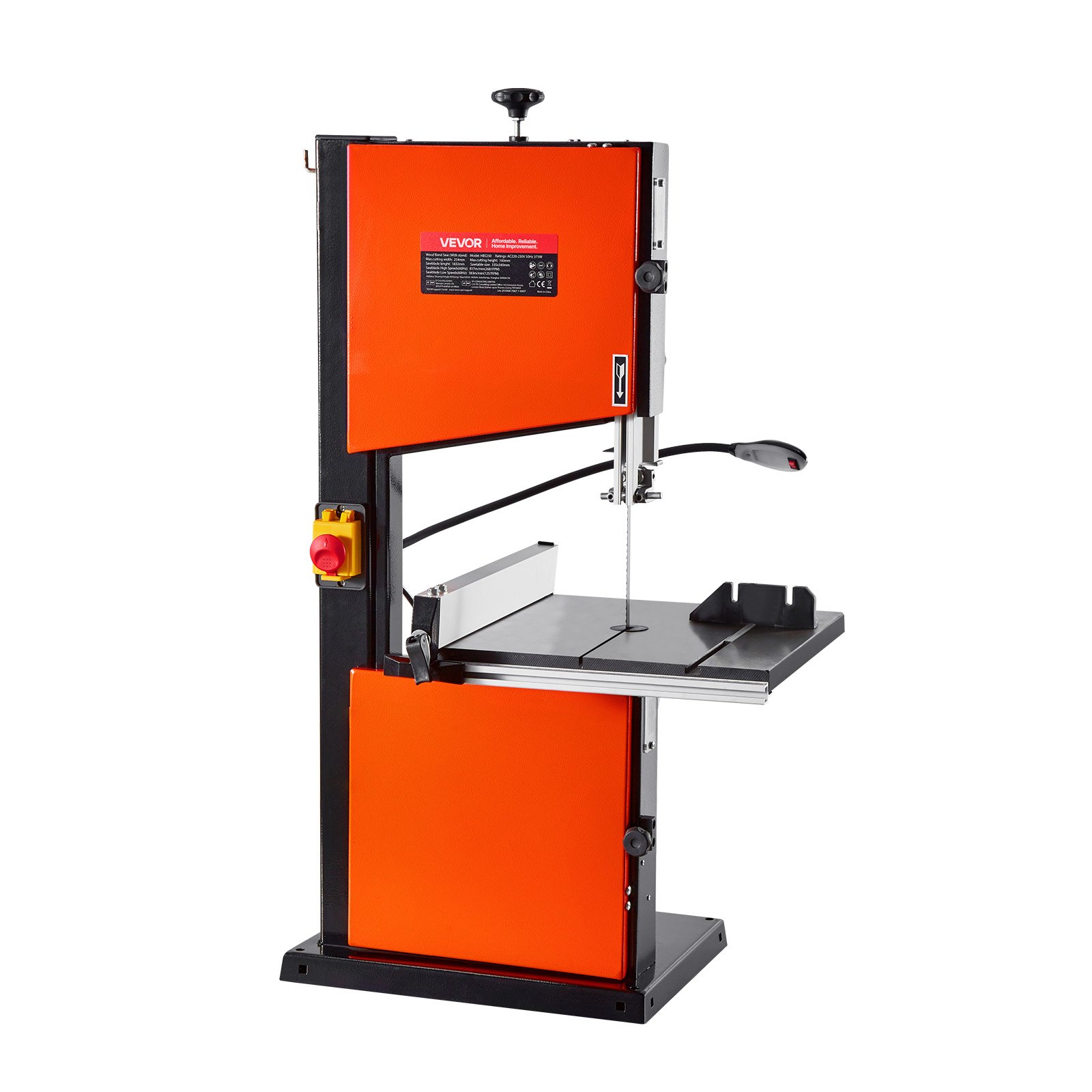 VEVOR Sierra de Cinta, Ancho de Corte de 254 mm, 2 Velocidades, Motor de 373 W, Altura de Corte de 160 mm, Mesa de Hierro Fundido de 335 x 340 mm, Luz de Trabajo de 360 Grados, para Carpintería