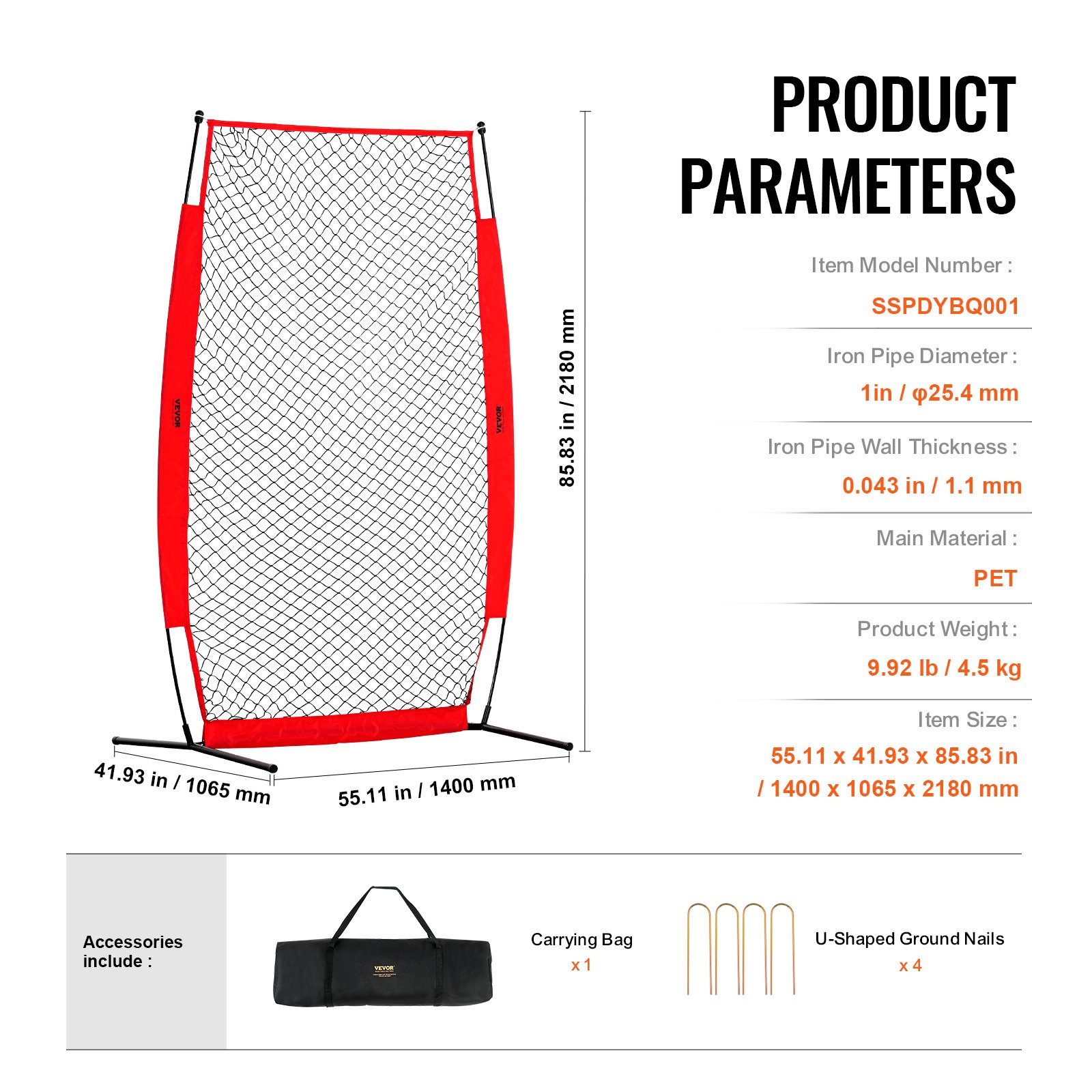 VEVOR Pantalla de Béisbol para Jaula de Bateo, Pantalla de Seguridad de Sóftbol de 1400 x 1065 x 2180 mm, Protector Corporal, Pantalla de Bateo Portátil con Bolsa de Transporte y Estacas de Tierra