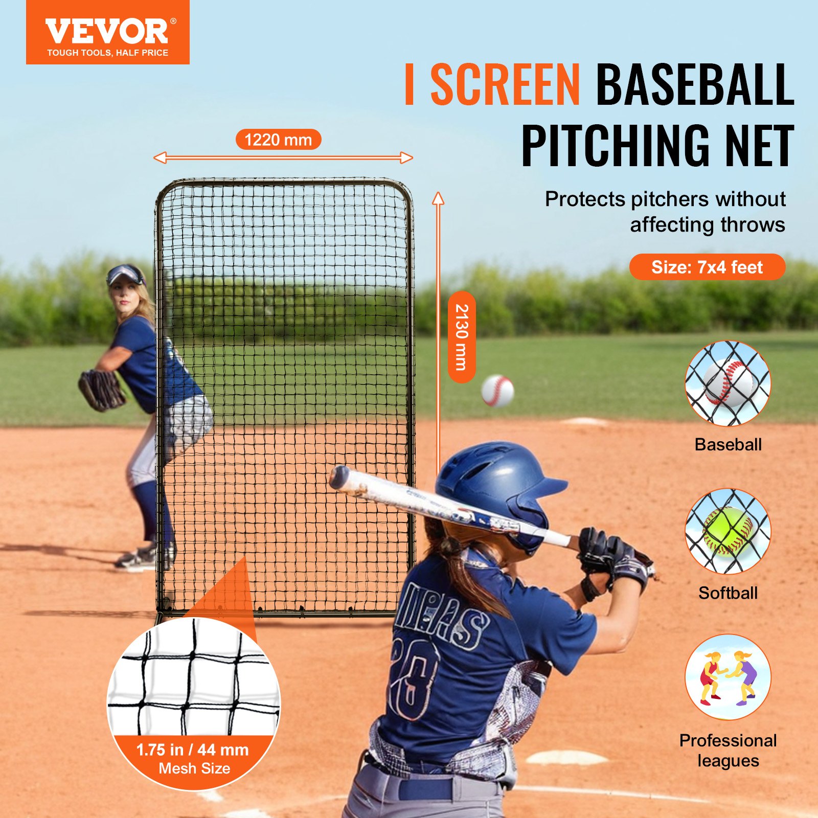 VEVOR Pantalla de Béisbol para Jaula de Bateo, Pantalla de Seguridad de Sóftbol de 1220 x 910 x 2130 mm, Protector Corporal, Pantalla de Bateo Portátil con Bolsa de Transporte y Estacas de Tierra