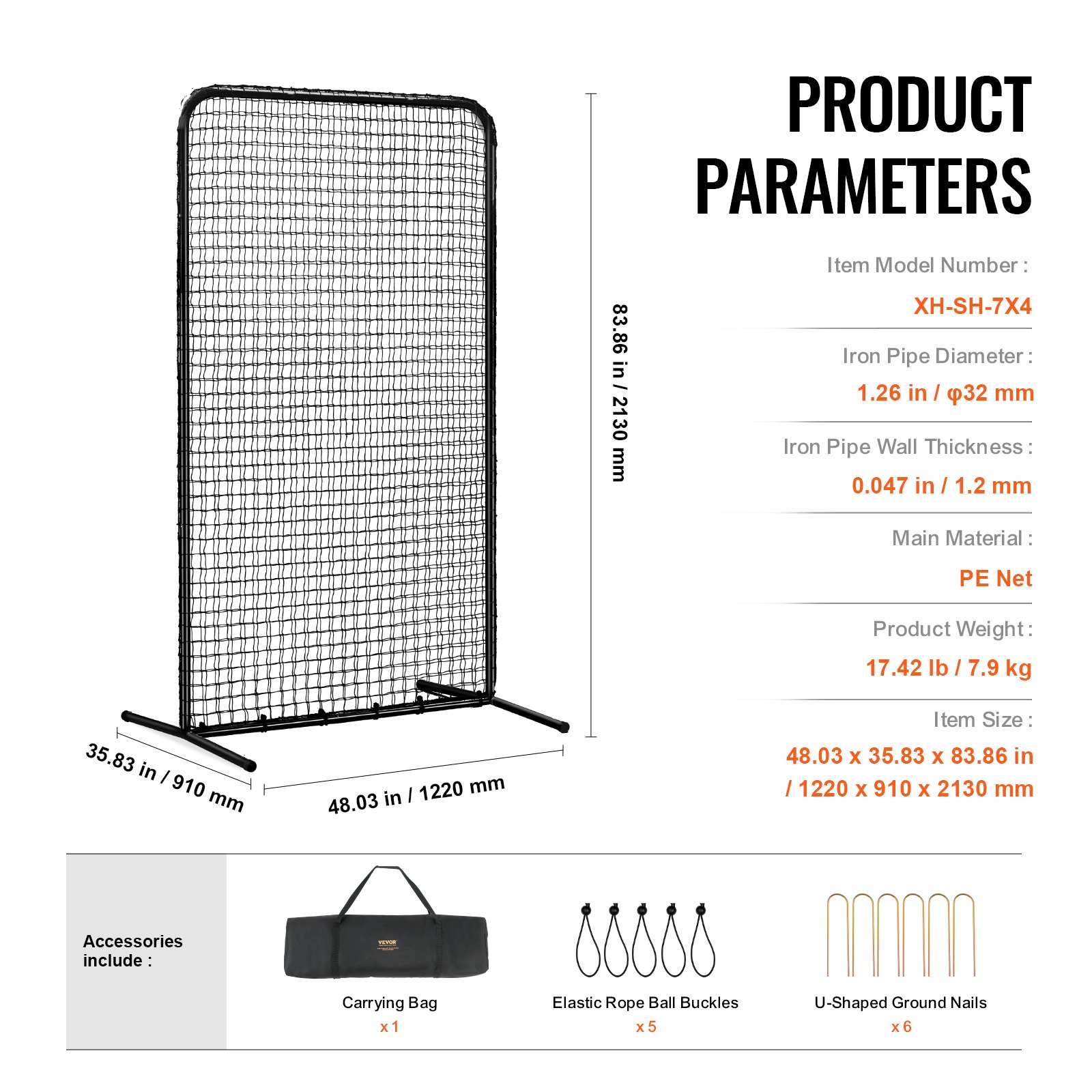 VEVOR Pantalla de Béisbol para Jaula de Bateo, Pantalla de Seguridad de Sóftbol de 1220 x 910 x 2130 mm, Protector Corporal, Pantalla de Bateo Portátil con Bolsa de Transporte y Estacas de Tierra