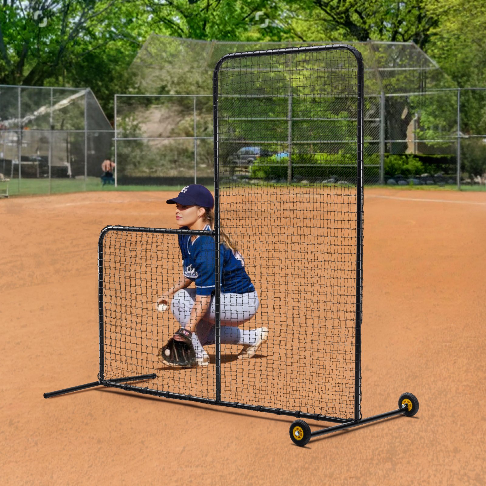 VEVOR Pantalla de Béisbol para Jaula de Bateo, Pantalla de Seguridad de Sóftbol 2130 x 2130 mm, Protector Corporal, Pantalla de Bateo Portátil con Bolsa de Transporte, Ruedas, Estacas de Tierra, Red
