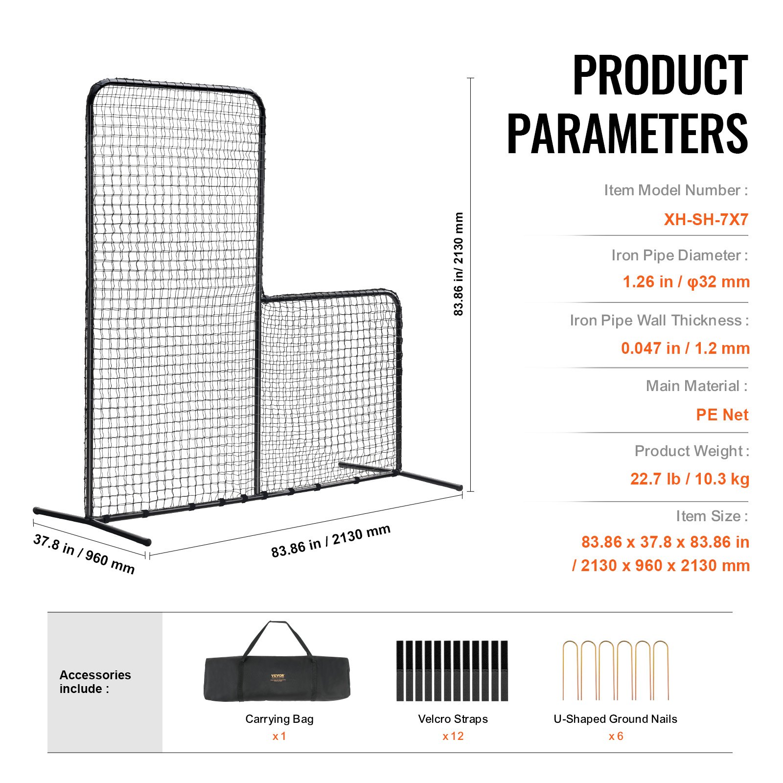 VEVOR Pantalla de Béisbol para Jaula de Bateo, Pantalla de seguridad de Sóftbol de 2130 x 960 x 2130 mm, Protector Corporal, Pantalla de Bateo Portátil con Bolsa de Transporte y Estacas de Tierra
