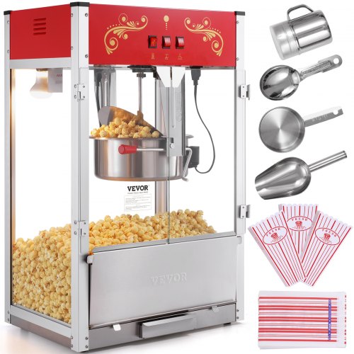 VEVOR Máquina para Hacer Palomitas de Maíz, 1615 W, 16 oz, Gran Capacidad, para Encimera, con Vidrio Templado, Incluye 3 Palas de Acero Inoxidable, Estilo Cine, Color Rojo, 566 x 392 x 862 mm