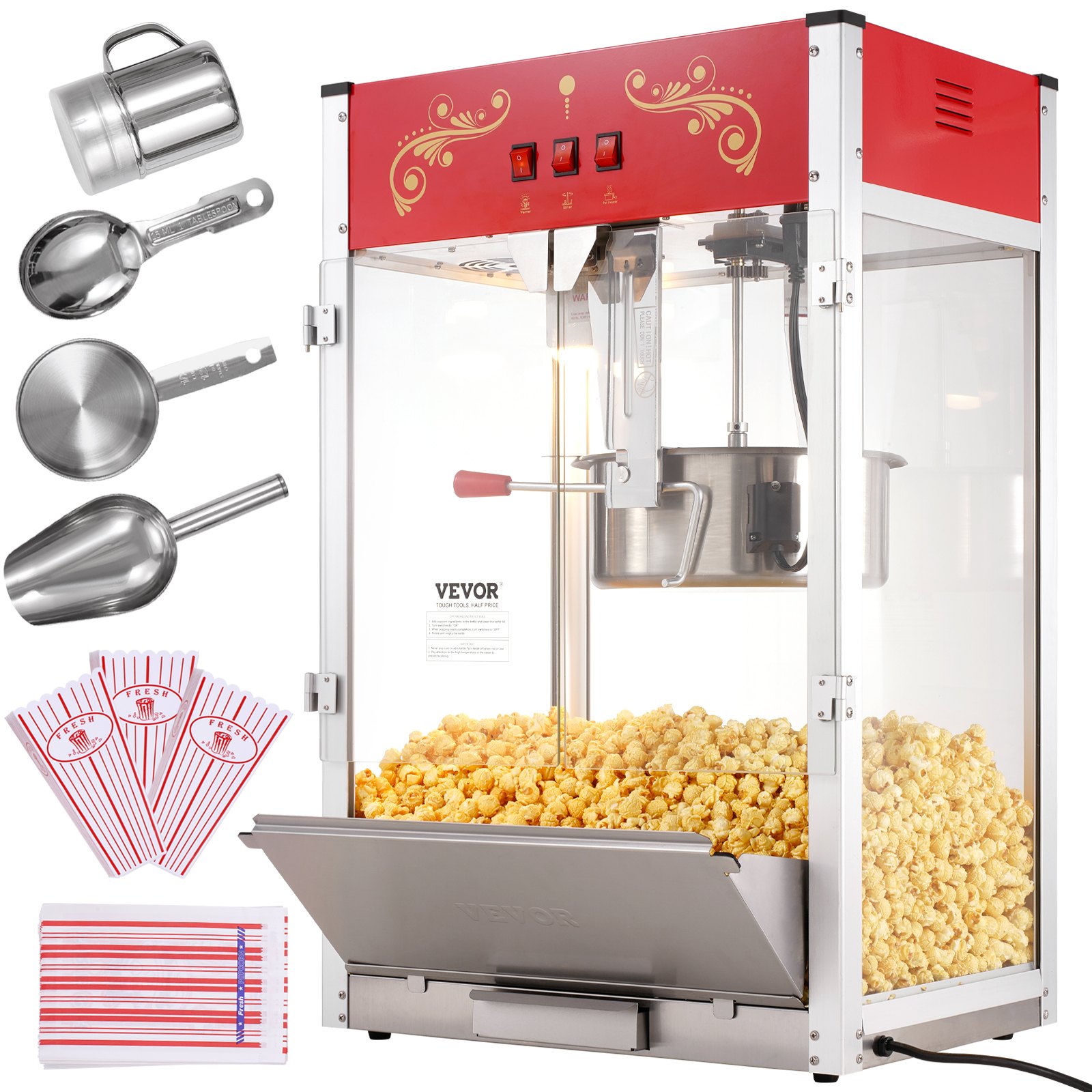 VEVOR Popcorn Machine, 1615 W, 16 oz Large Capacity Countertop Popcorn Maker with Tempered Glass, Includes 3 Stainless Steel Scoops, Cinema Style