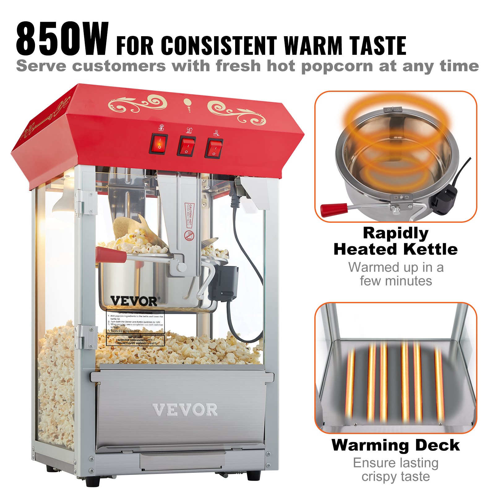 VEVOR Máquina para Hacer Palomitas de Maíz de Encimera, 850 W, 8 oz, 48 Tazas por Lote, con Vidrio Templado, Incluye 4 Cucharas, Estilo Cine, Color Rojo, Alto Rendimiento, 390 x 345 x 610 mm