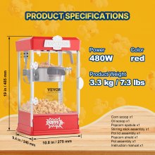 VEVOR Máquina para Hacer Palomitas de Maíz, de Sobremesa 480 W 4 oz Color Rojo